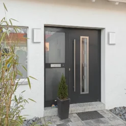 Aplique de exterior 059, acero inoxidable, cristal opalino, 29 cm, IP44, E27