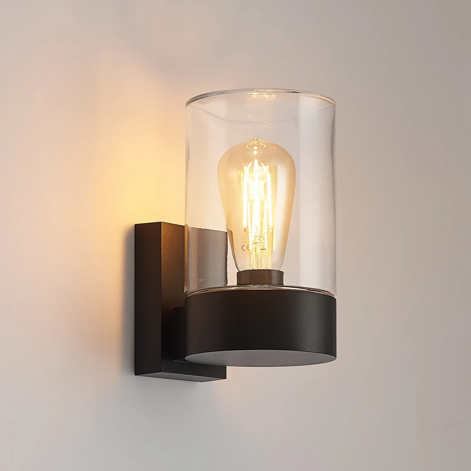 Aplique de exterior Arcchio Liljana, negra, 21 cm, IP65, cristal