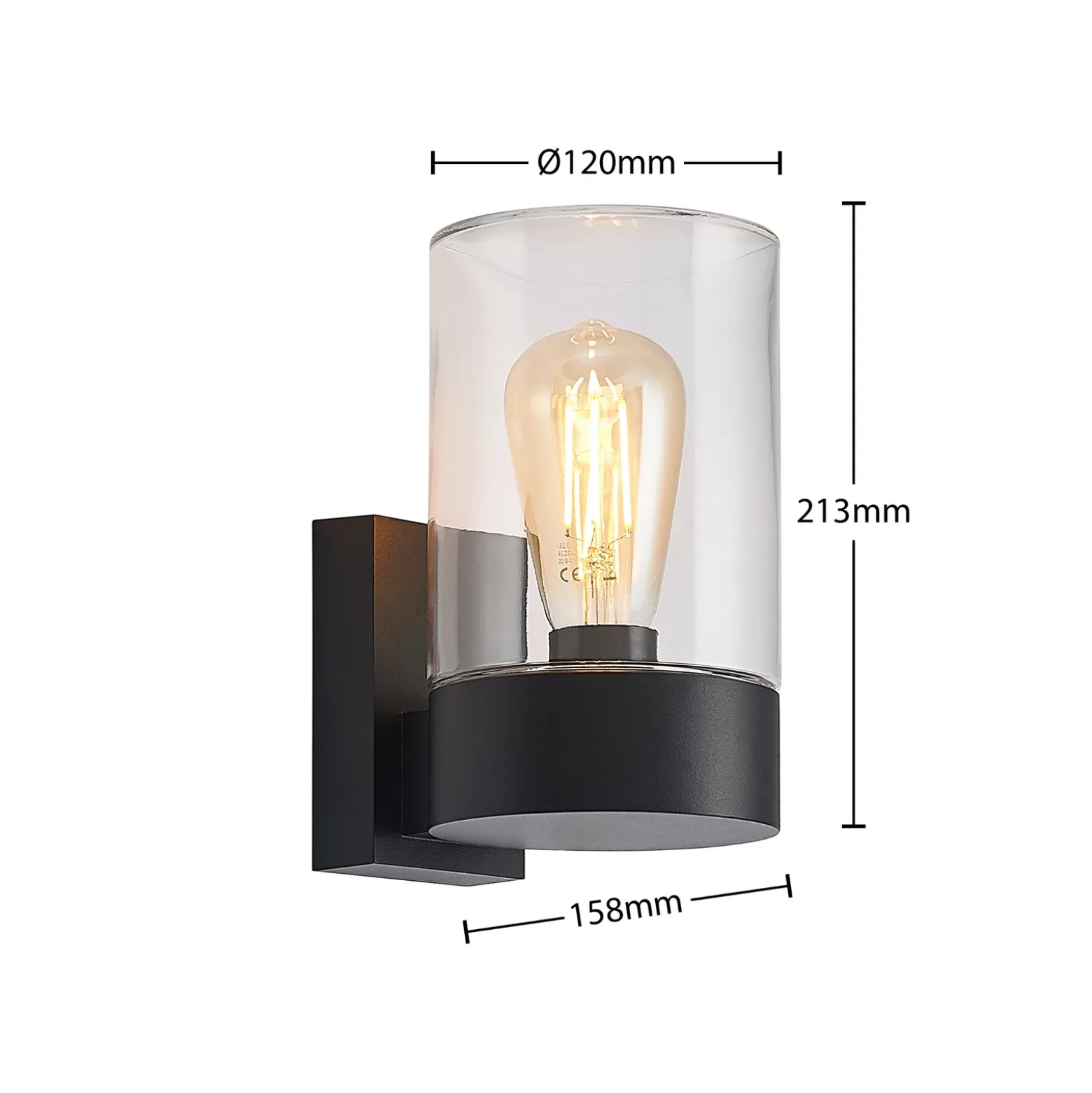 Aplique de exterior Arcchio Liljana, negra, 21 cm, IP65, cristal
