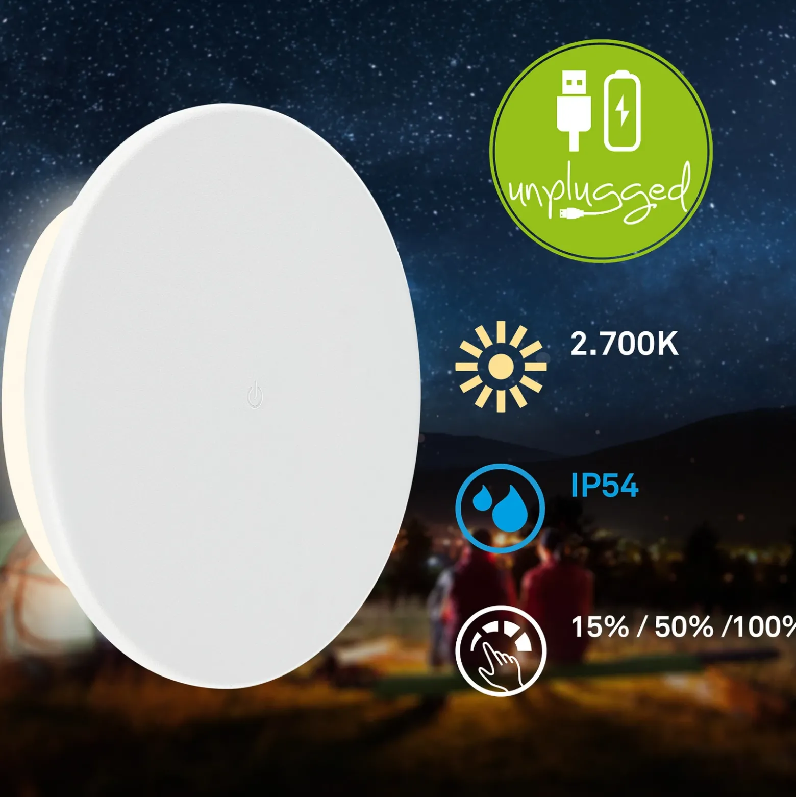 Aplique de exterior Aurora LED recargable, blanco, regulador táctil, IP54