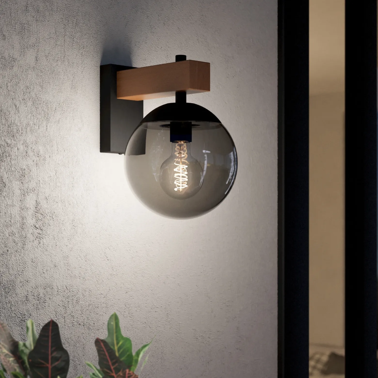 Aplique de exterior Bufalata, negro/madera/gris humo