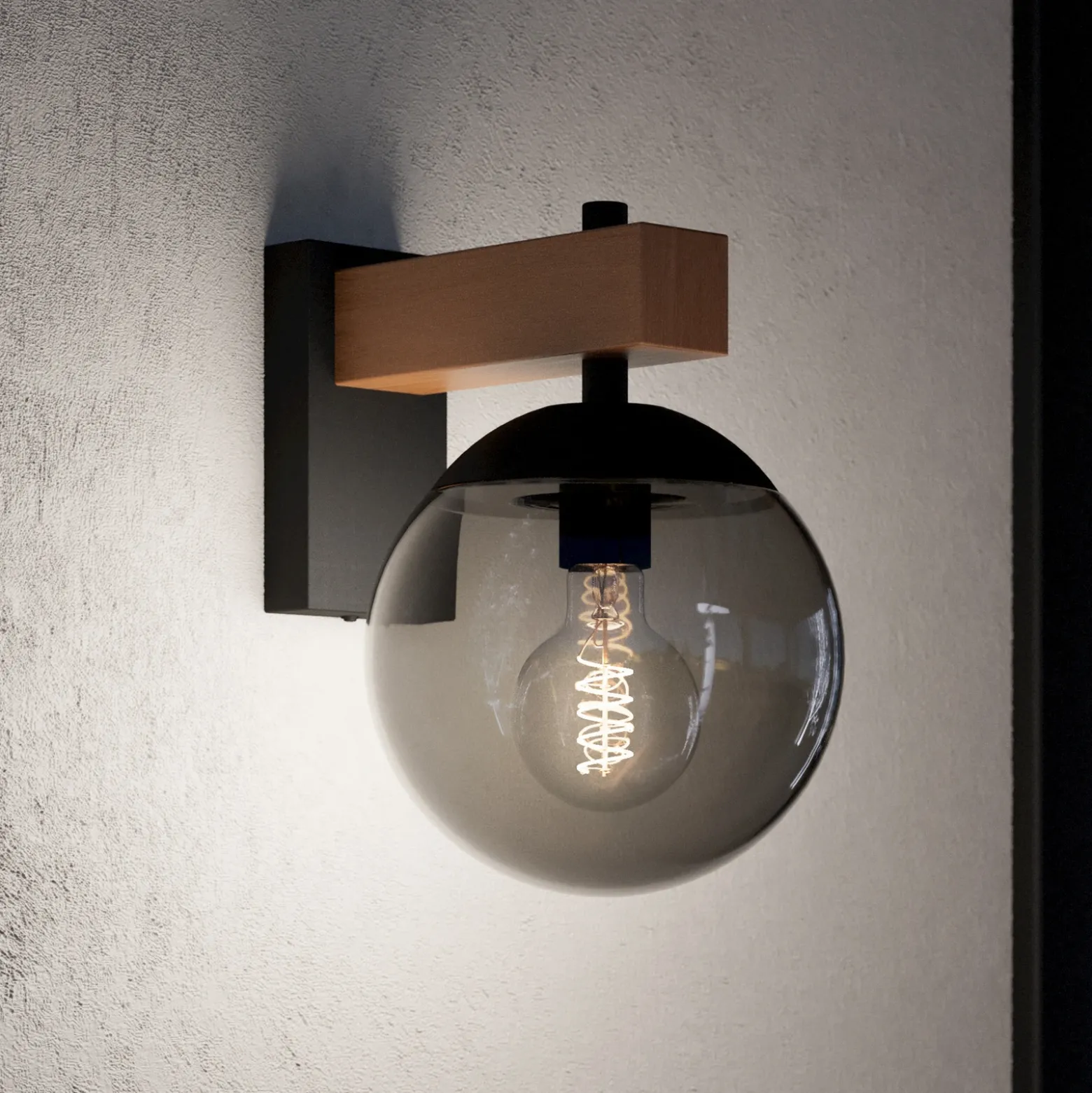 Aplique de exterior Bufalata, negro/madera/gris humo