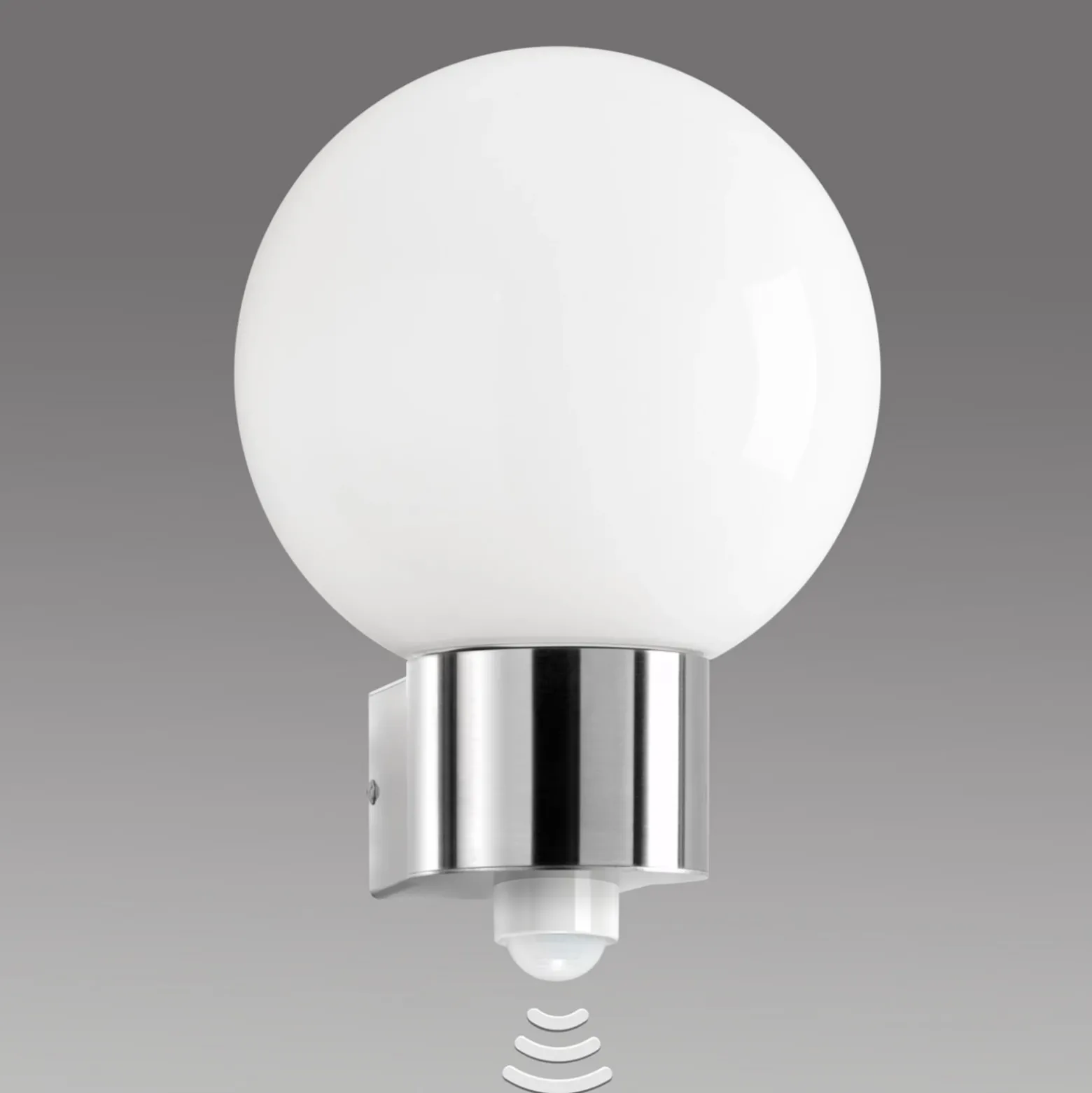 Aplique de exterior Kekoa, vidrio, acero inoxidable, sensor, Ø 23 cm