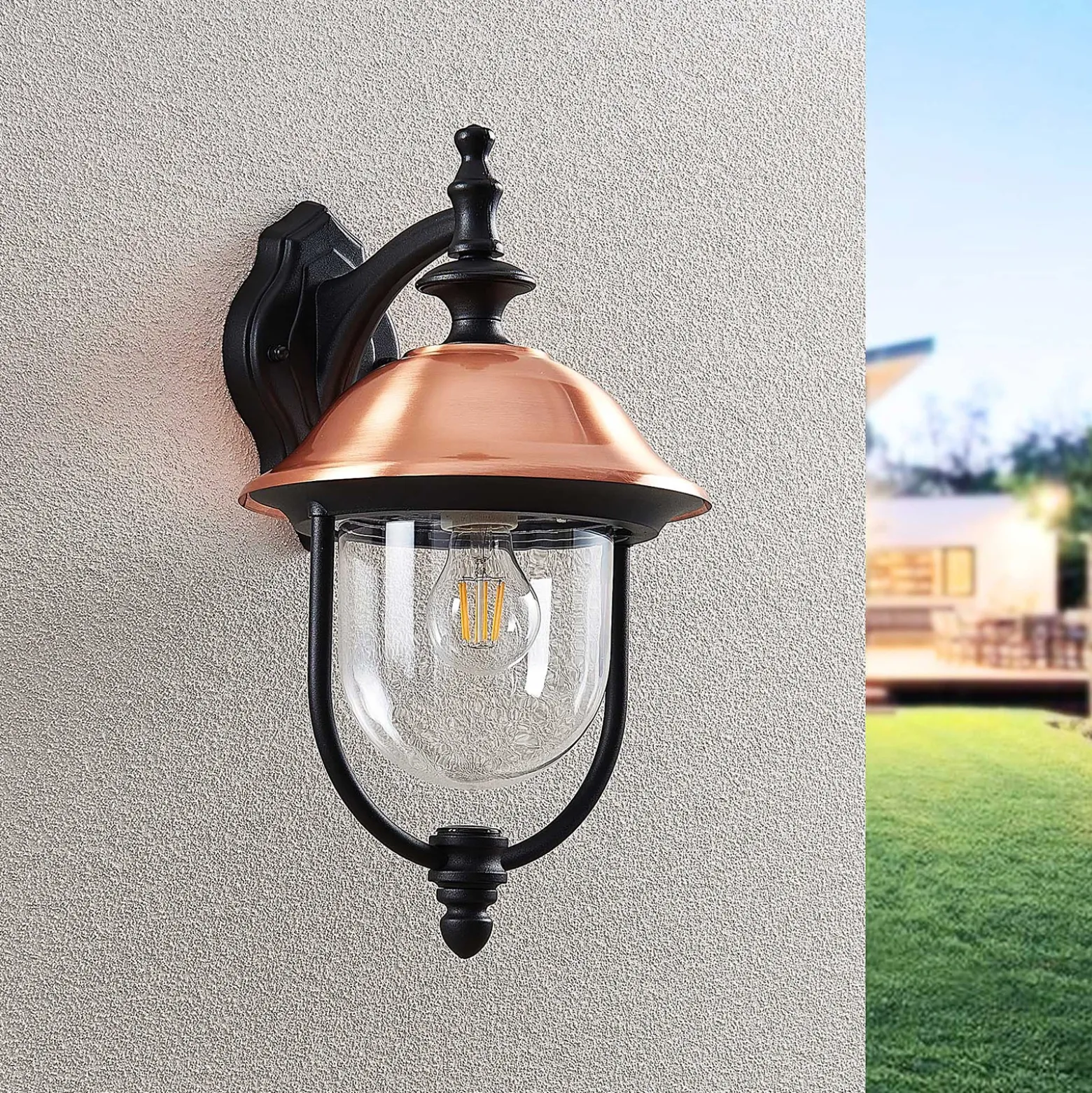 Aplique de exterior Lindby Clint, cobre, luz hacia abajo, IP44