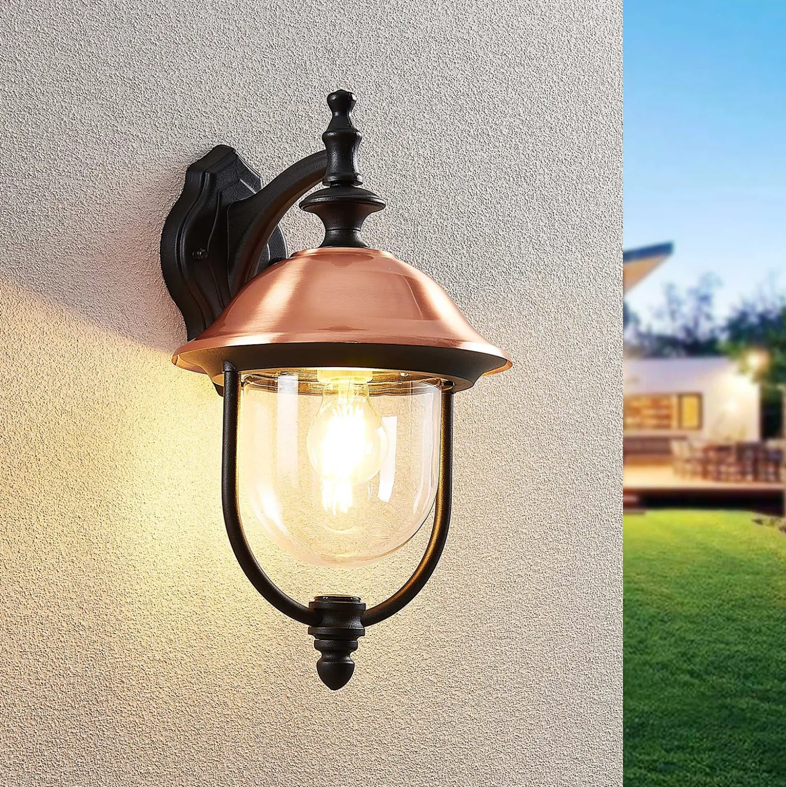 Aplique de exterior Lindby Clint, cobre, luz hacia abajo, IP44