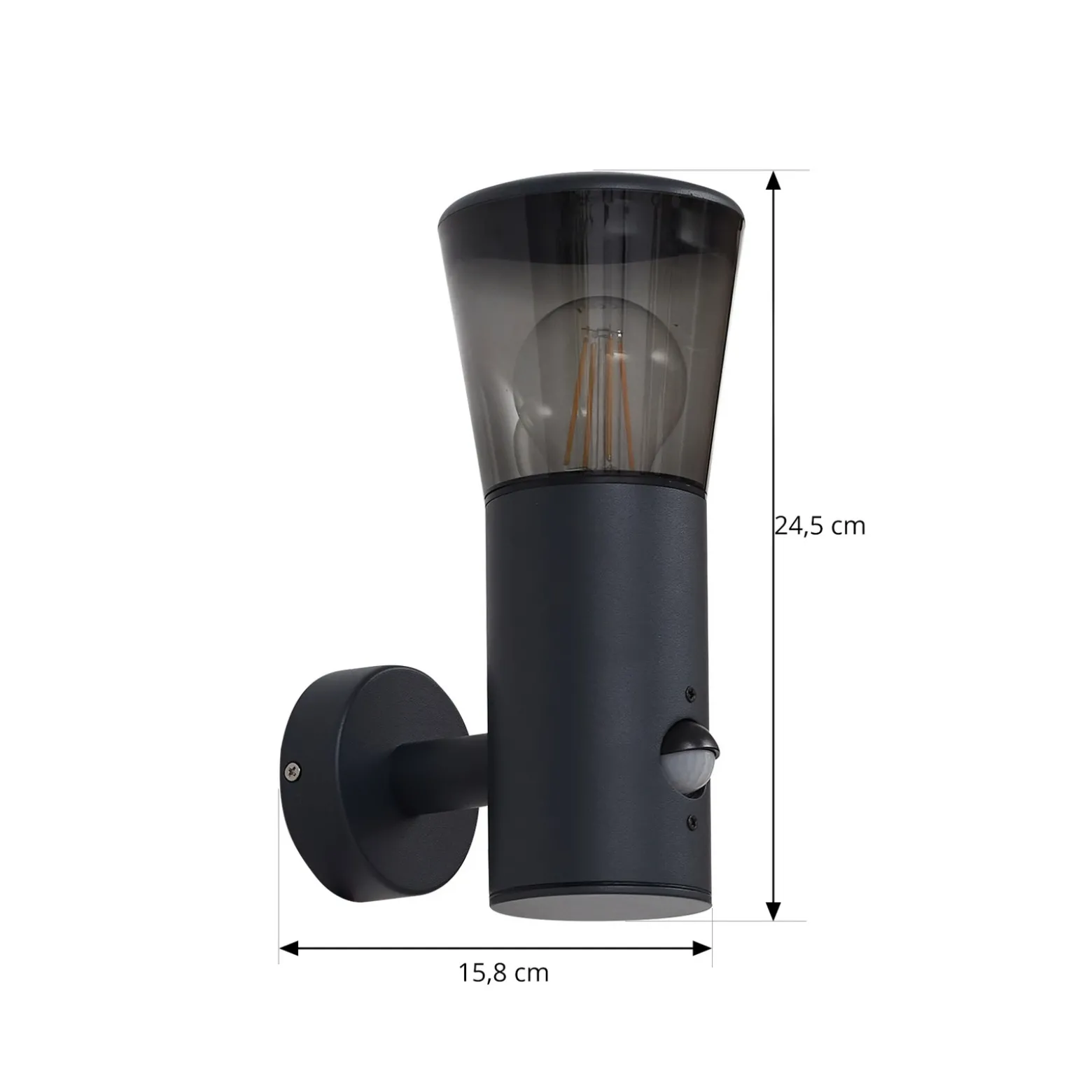 Aplique de exterior Lindby Heulo, Ø 10,5 cm, gris humo, con sensor