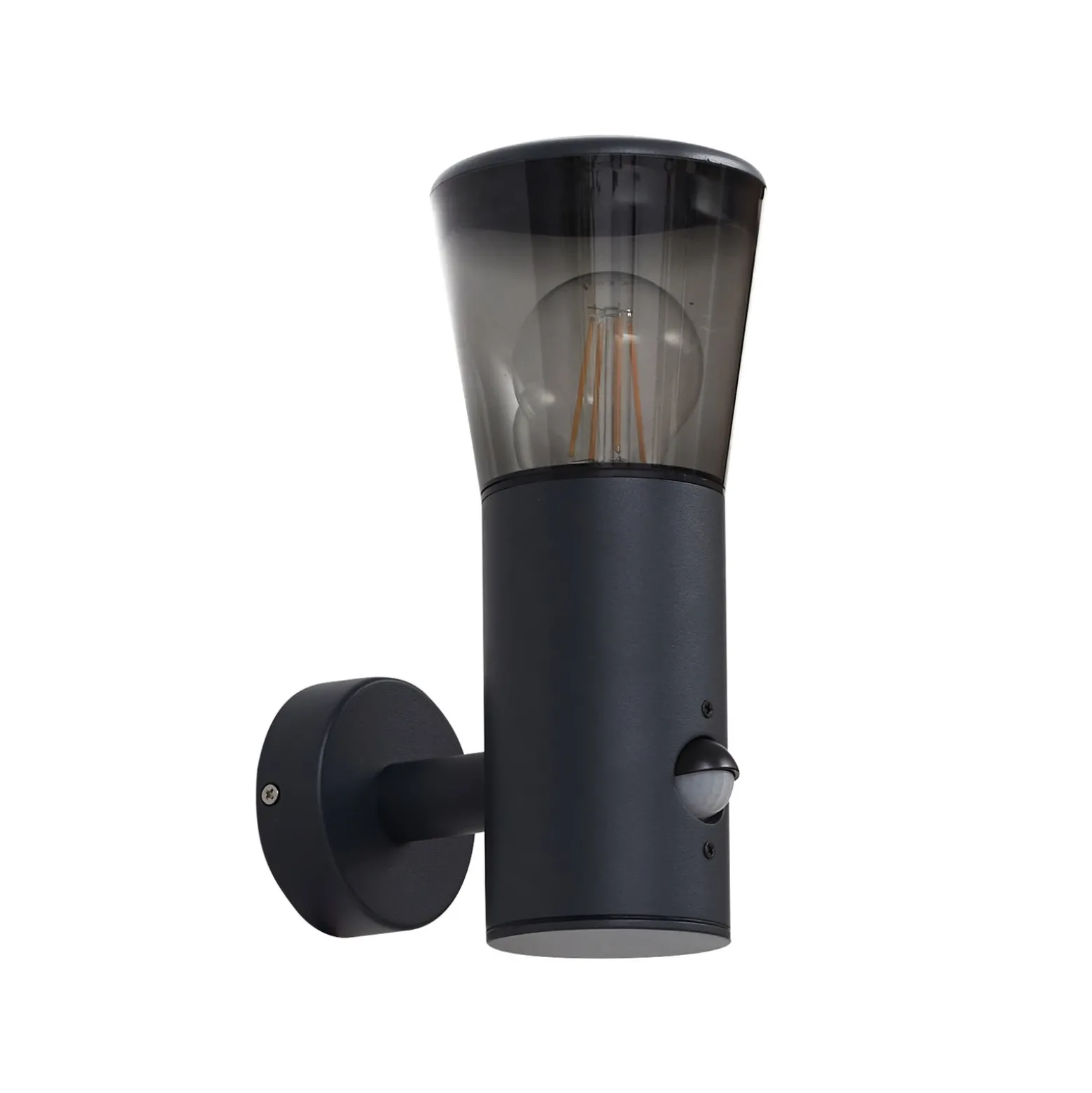 Aplique de exterior Lindby Heulo, Ø 10,5 cm, gris humo, con sensor