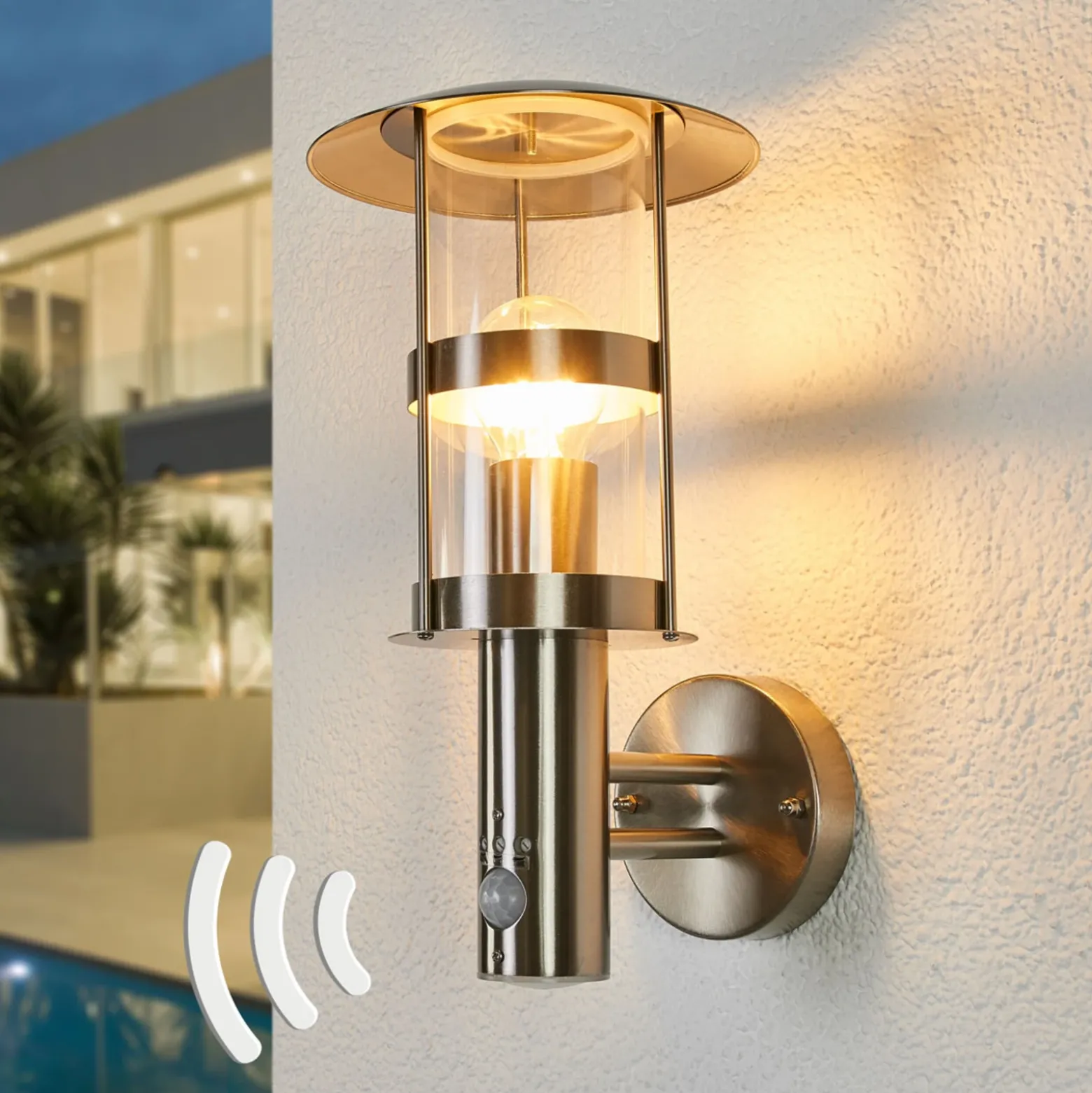 Aplique de exterior Lindby Noemi, con sensor, gris, acero inoxidable, 34 cm
