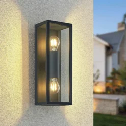 Aplique de exterior Lindby Peldar, transparente, con 2 luces, 38 cm, metal