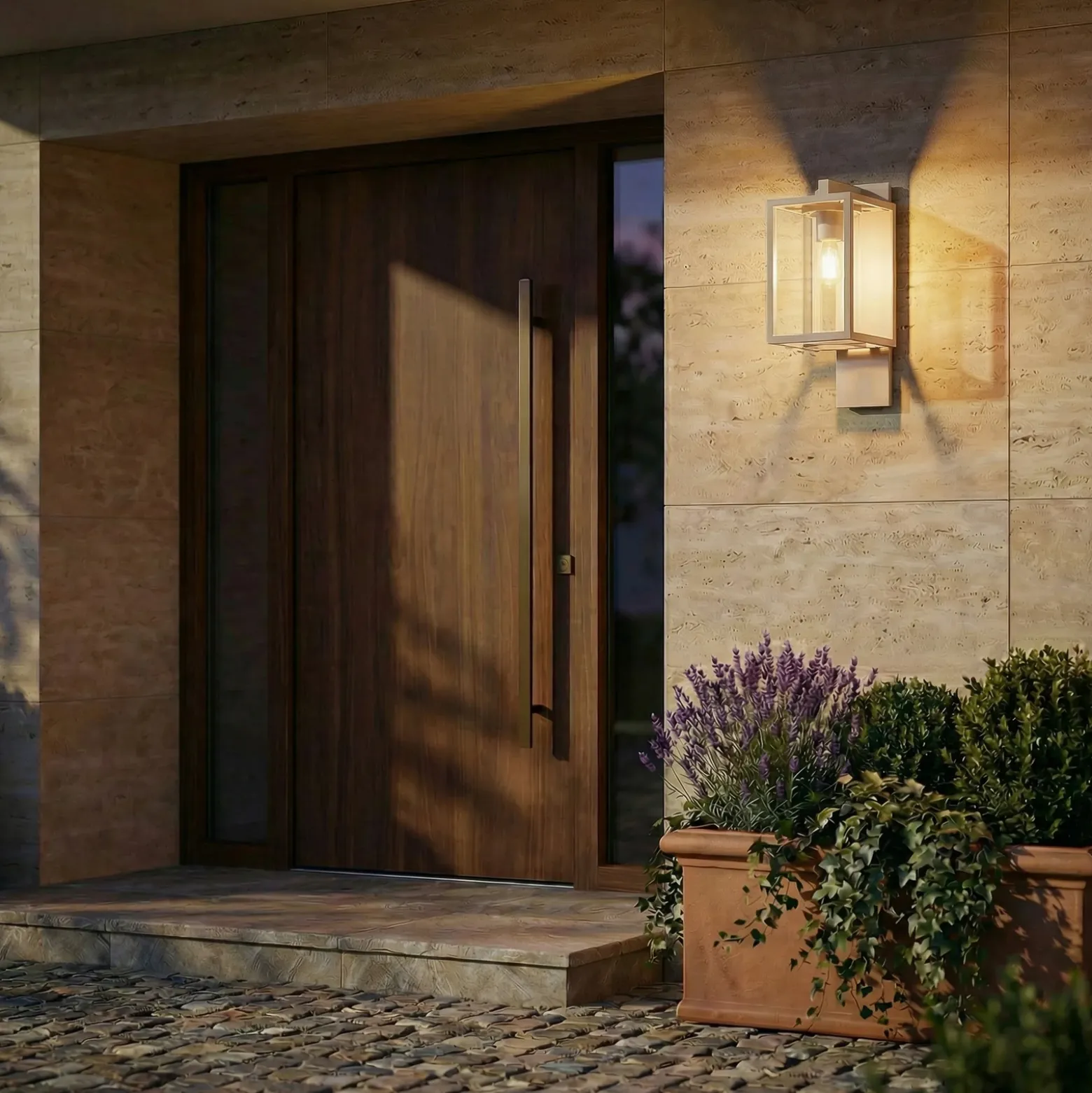 Aplique de exterior Lucande Ferda, portalámpara inferior, beige, IP44