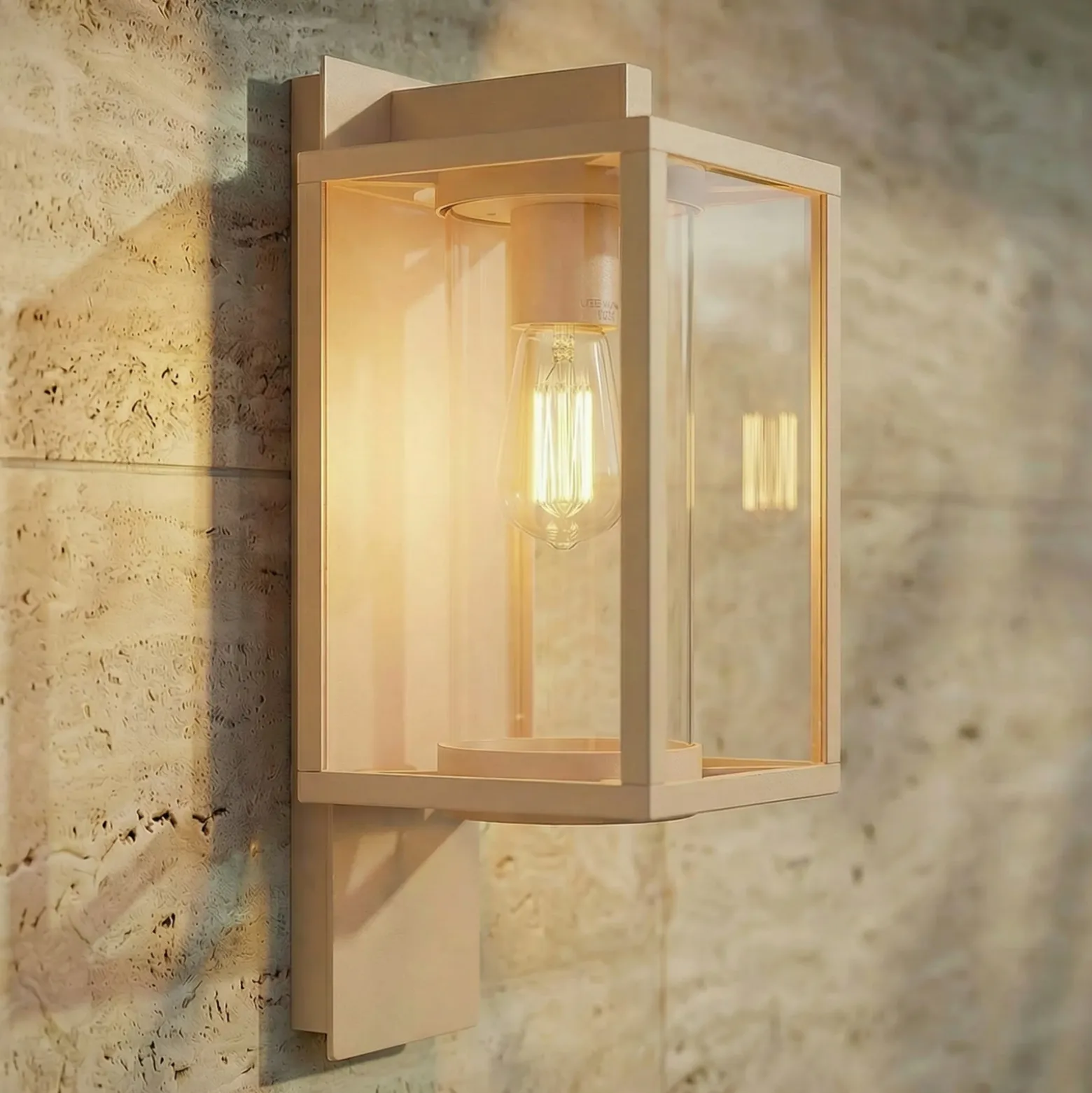 Aplique de exterior Lucande Ferda, portalámpara inferior, beige, IP44