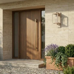 Aplique de exterior Lucande Ferda, portalámpara inferior, beige, IP44
