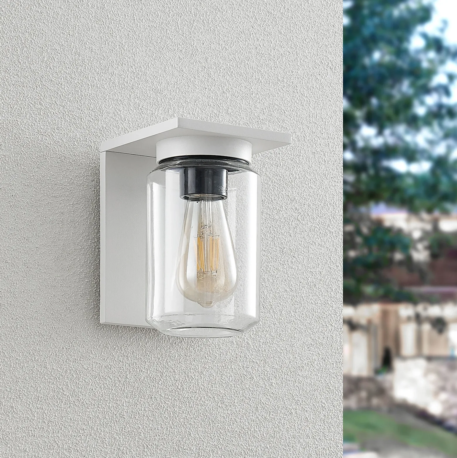 Aplique de exterior Lucande Semka, blanca, aluminio, cristal, 20 cm