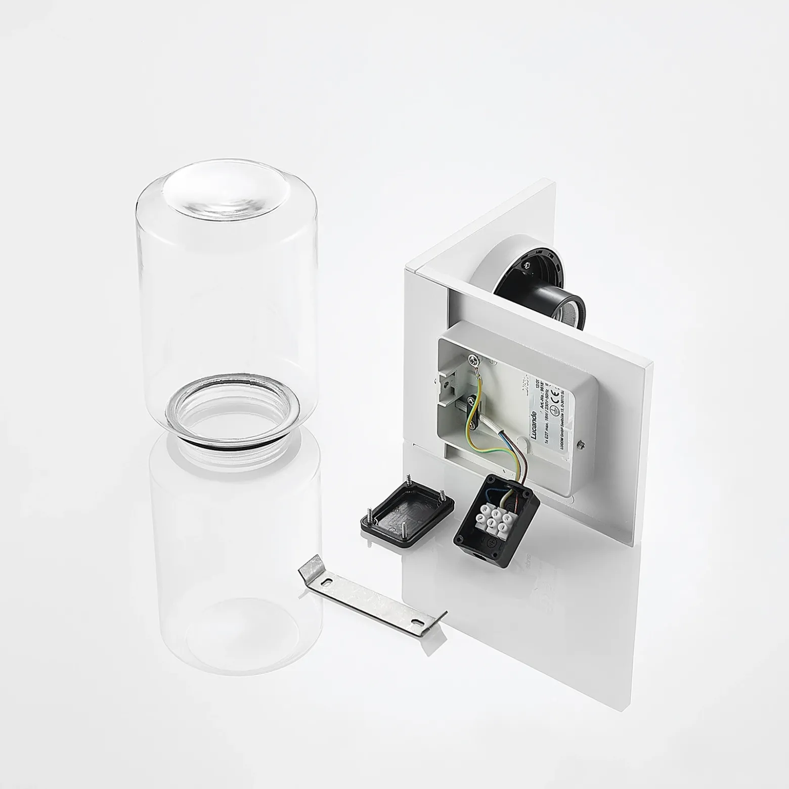 Aplique de exterior Lucande Semka, blanca, aluminio, cristal, 20 cm