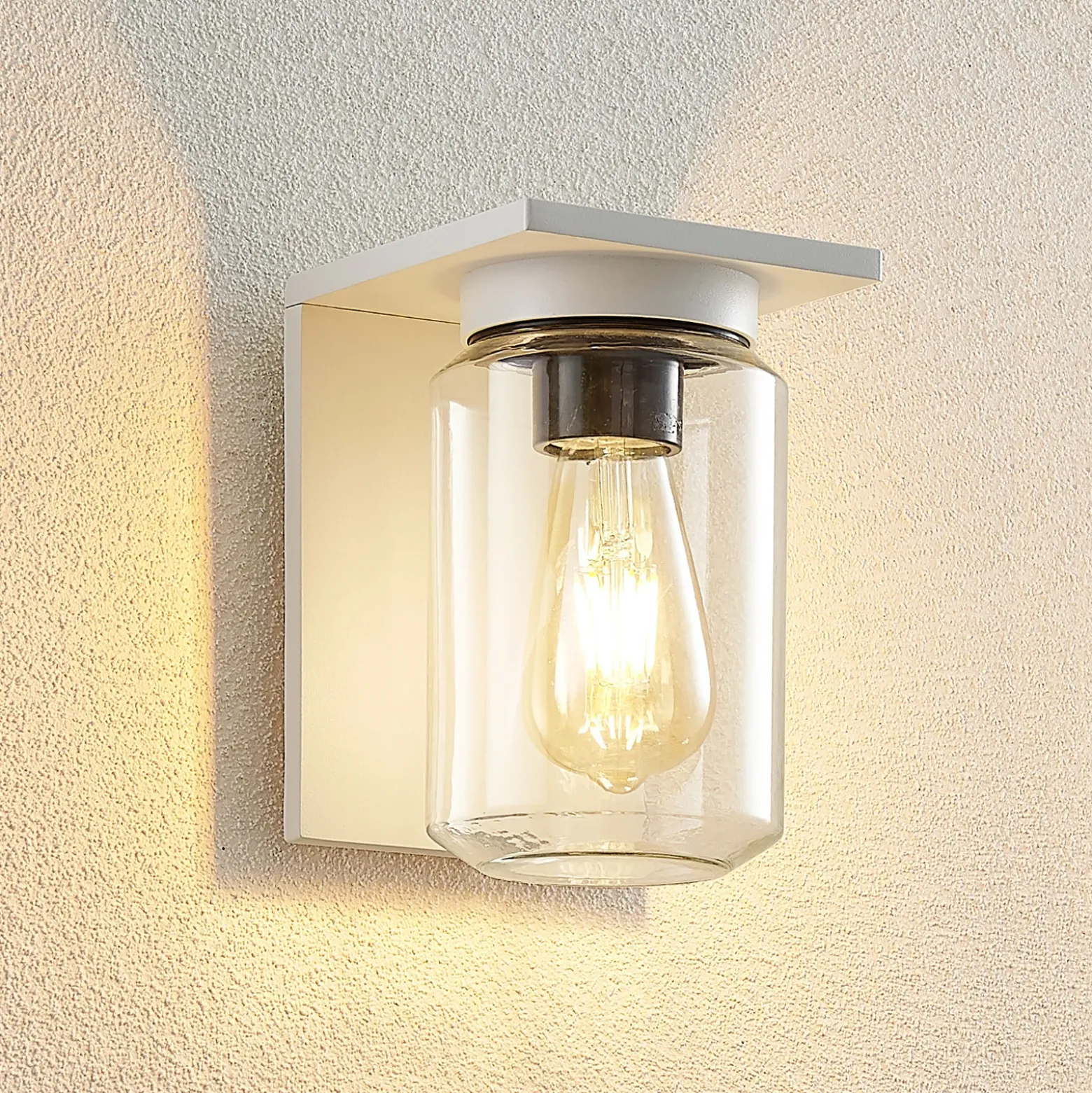 Aplique de exterior Lucande Semka, blanca, aluminio, cristal, 20 cm