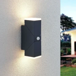 Aplique de pared LED Lindby Sally, 22 cm, antracita, IP54, sensor