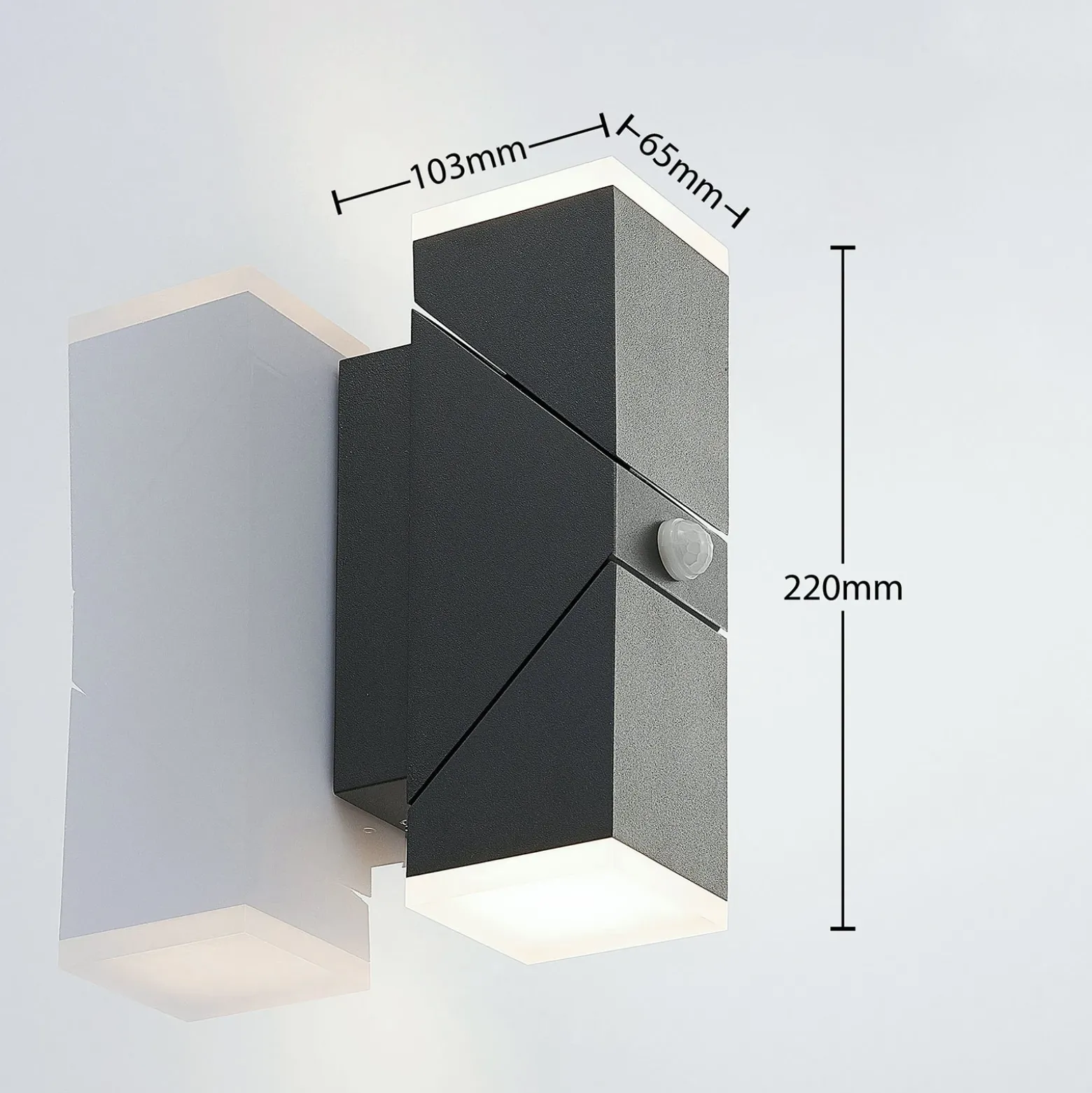 Aplique de pared LED Lindby Sally, 22 cm, antracita, IP54, sensor