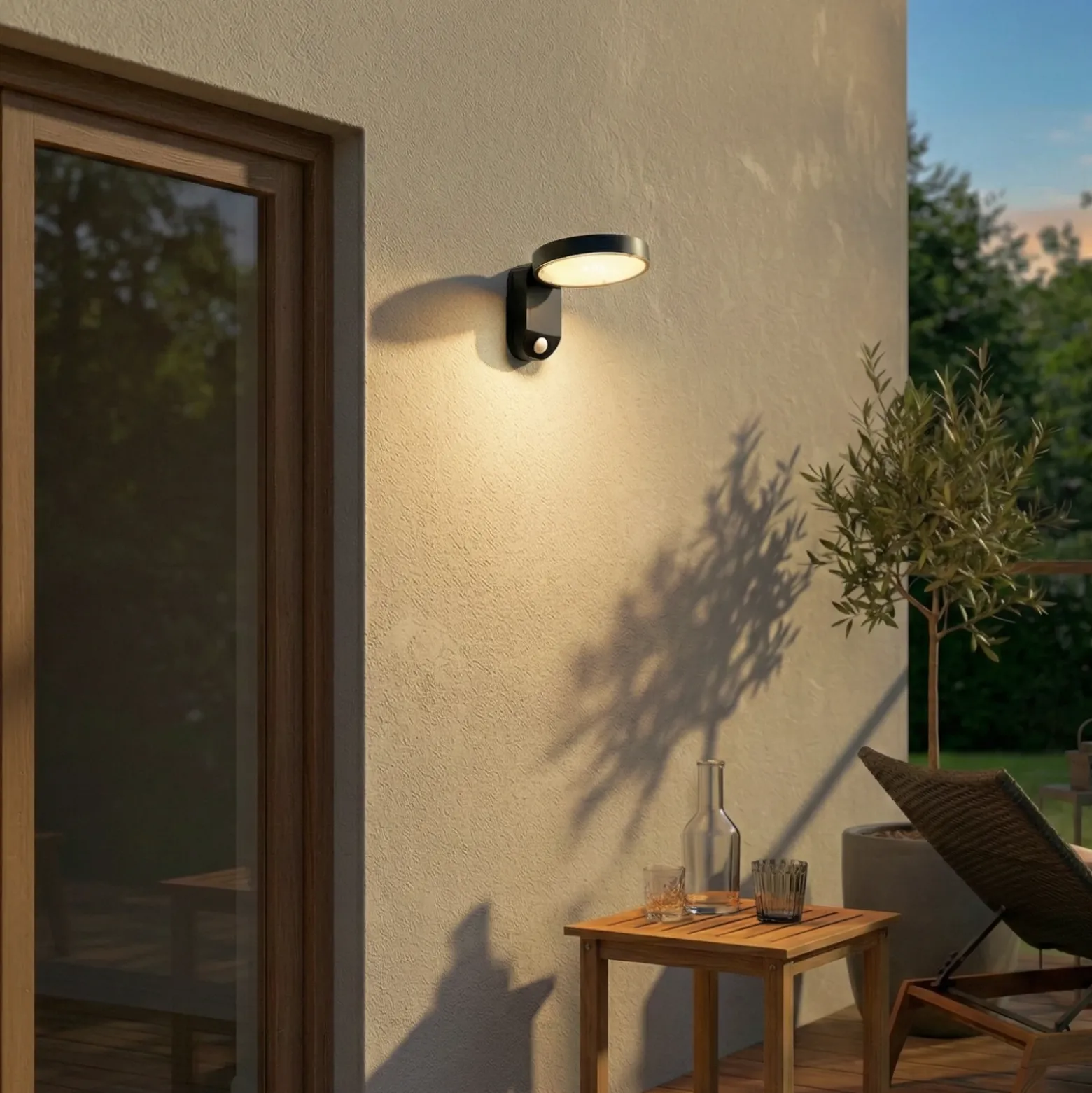 Aplique de pared LED PRIOS Tarlson, redonda, antracita, sensor