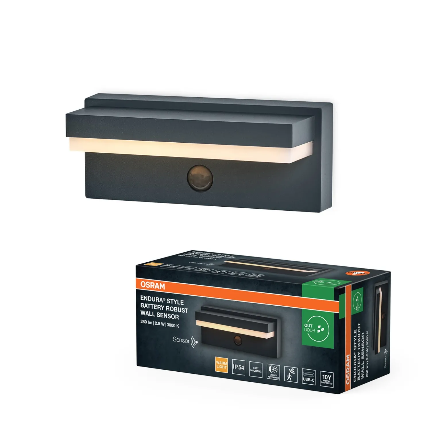 Aplique de pared OSRAM ENDURA STYLE ROBUST, gris, sensor IP54 USB