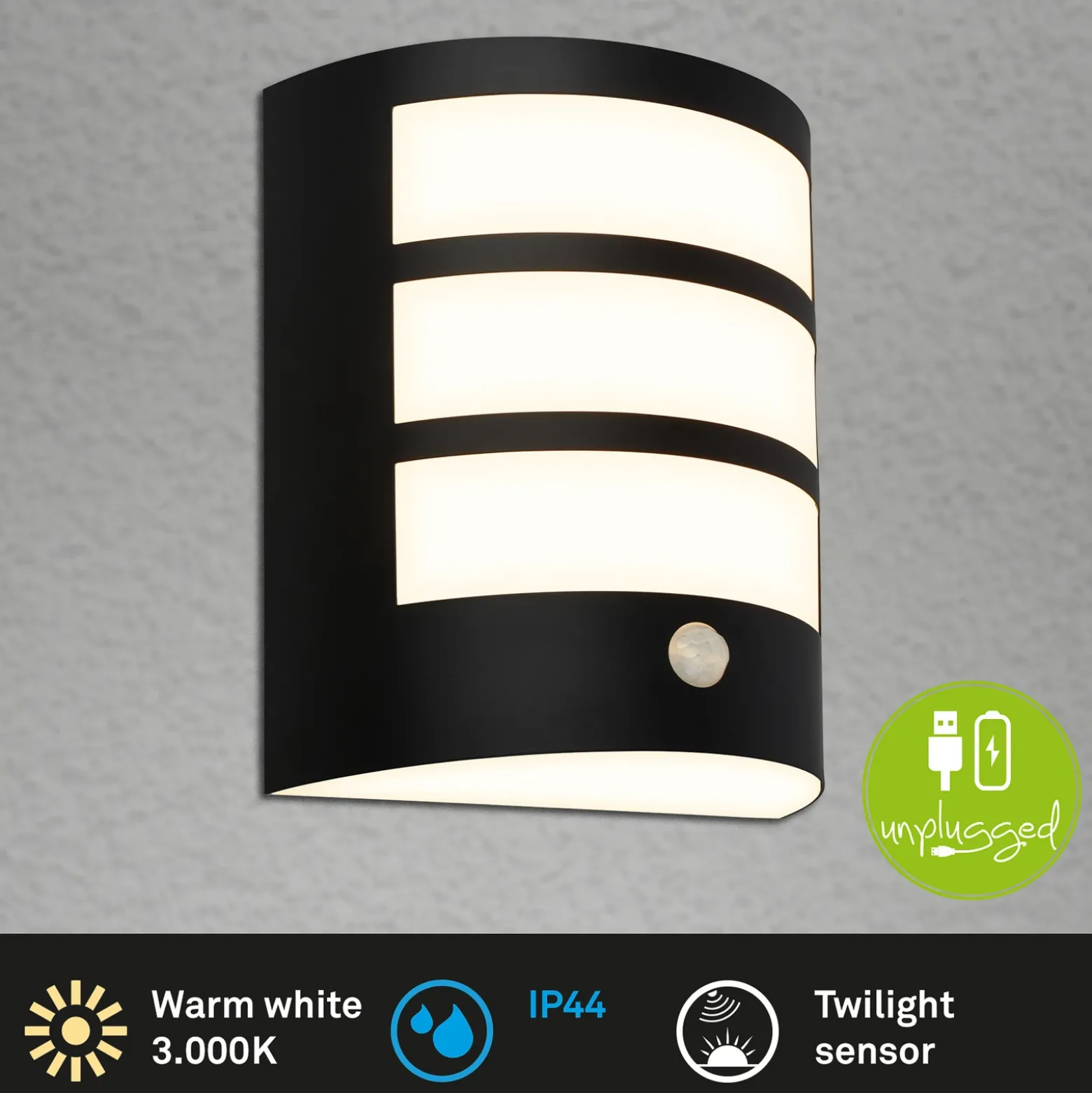 Aplique LED para exterior con batería 3795015, negro, sensor, IP44