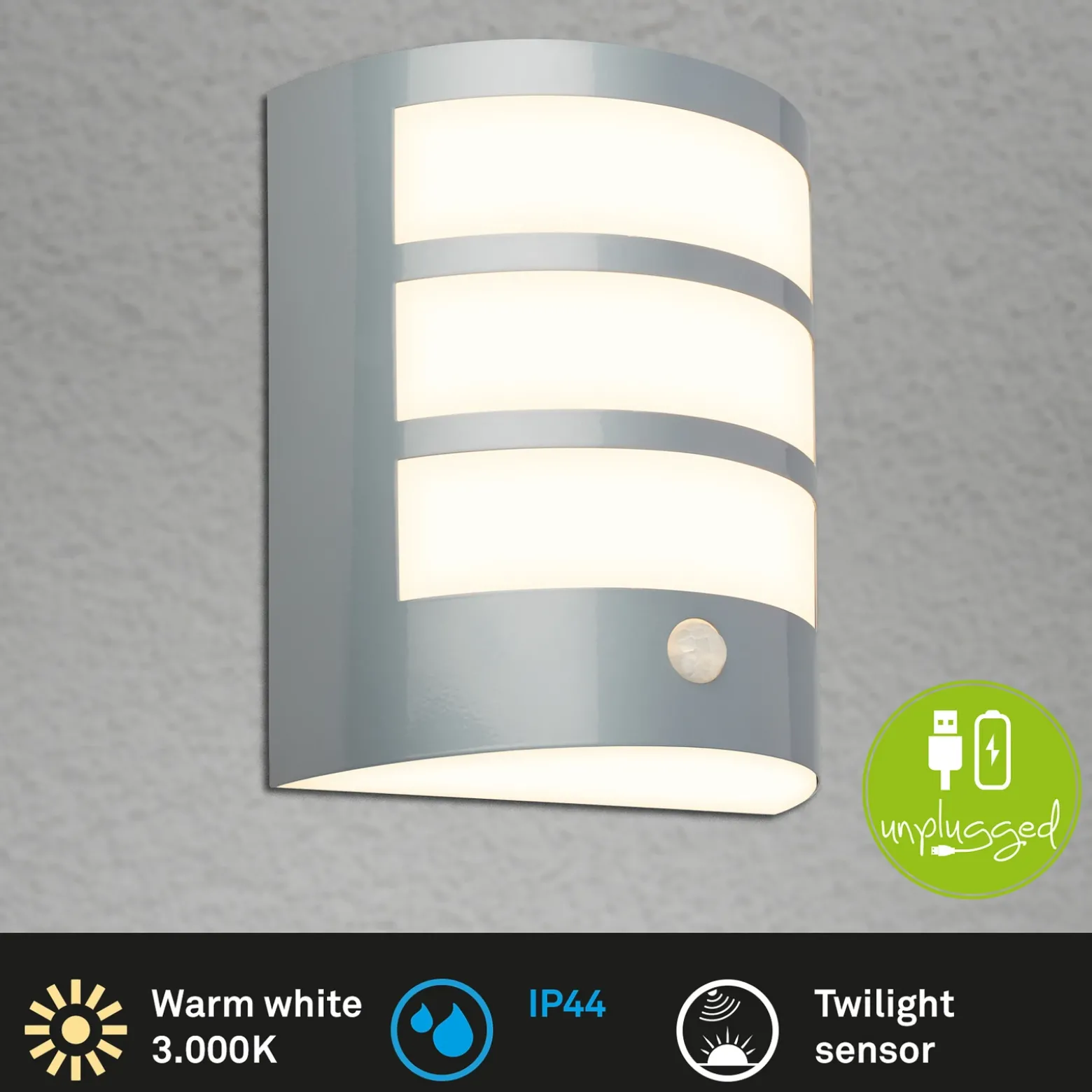 Aplique LED para exterior con batería 3795014, color cromo, sensor, IP44