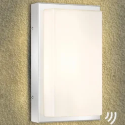 Aplique LED para exterior Julea, acero inoxidable, cristal, detector de