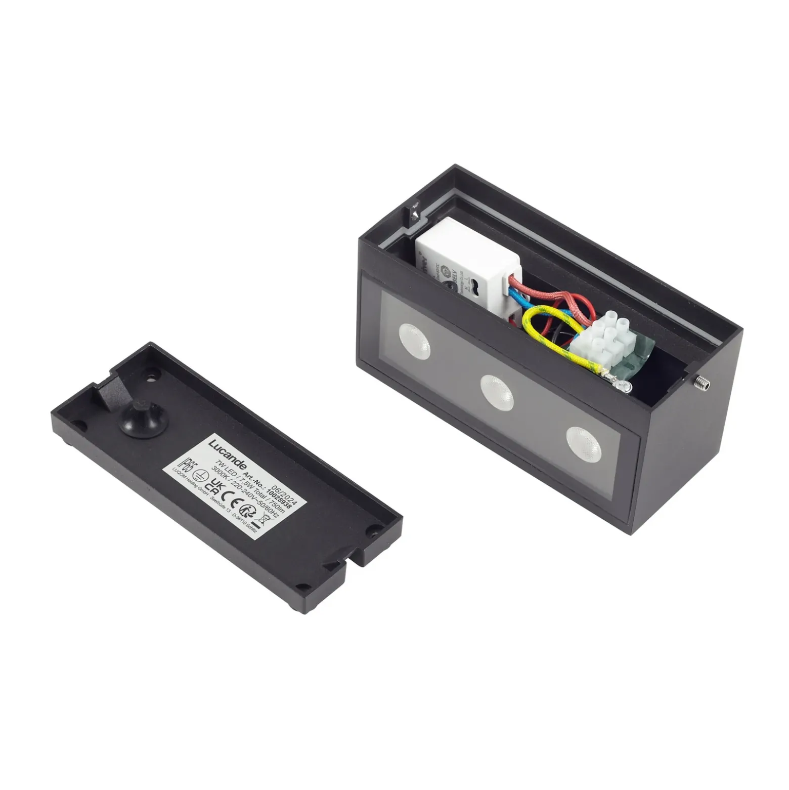 Aplique LED para exterior Lucande Selim, longitud 15,3 cm, negro