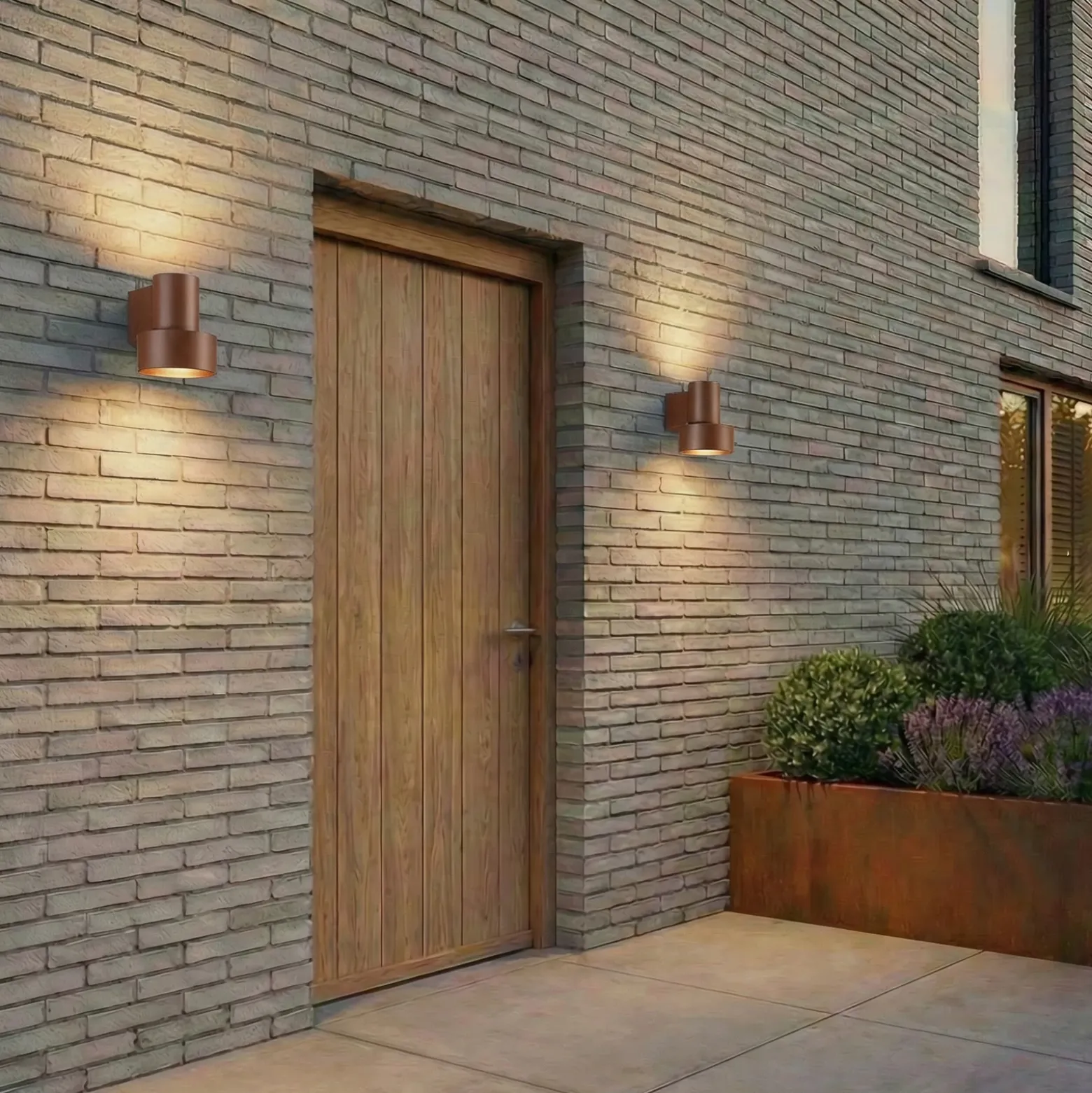 Aplique LED para exterior Lucande Elune, marrón, IP44, luz hacia arriba/hacia