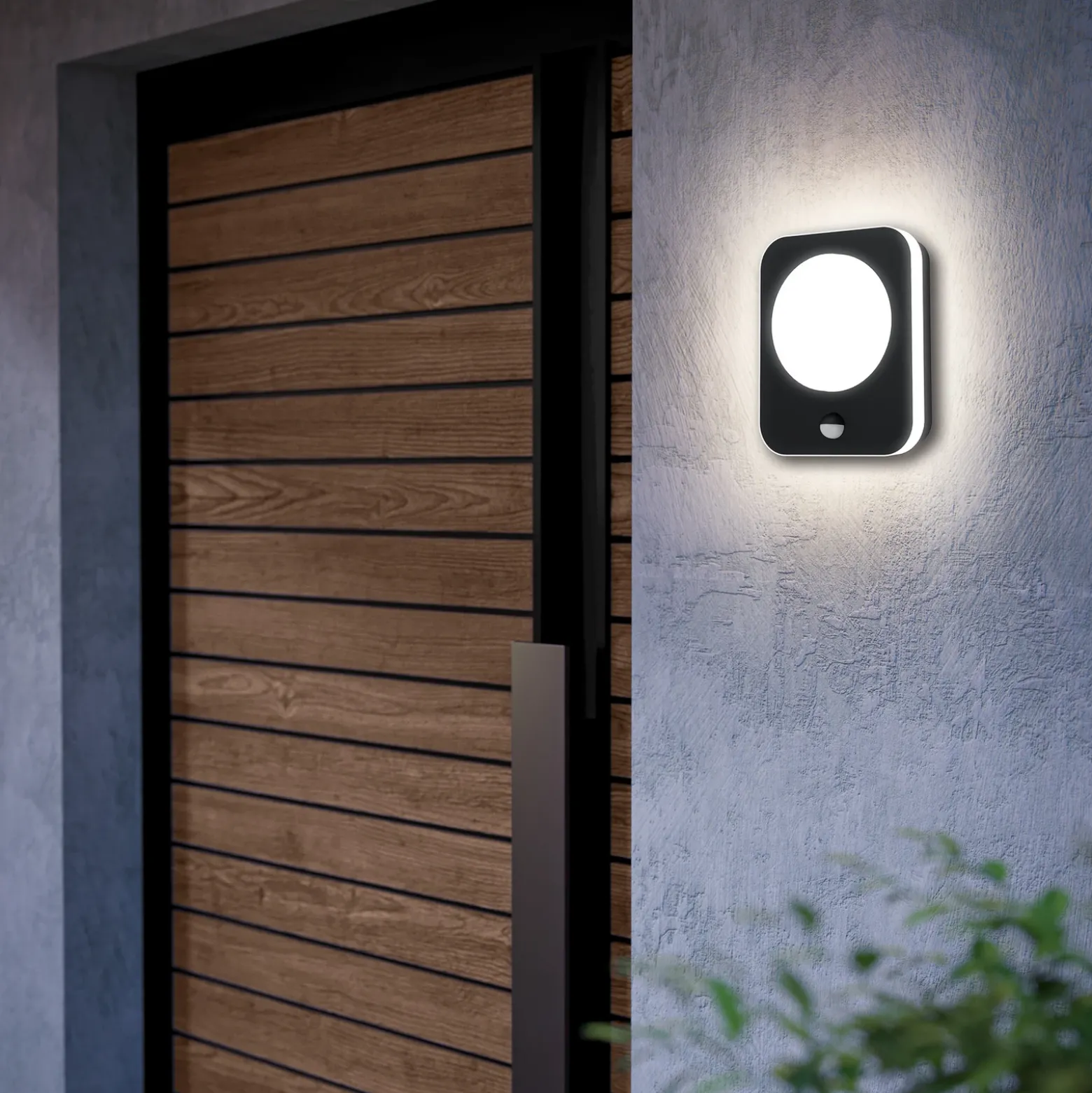 Aplique LED para exterior Madriz, negra, 23 cm de ancho, con sensor