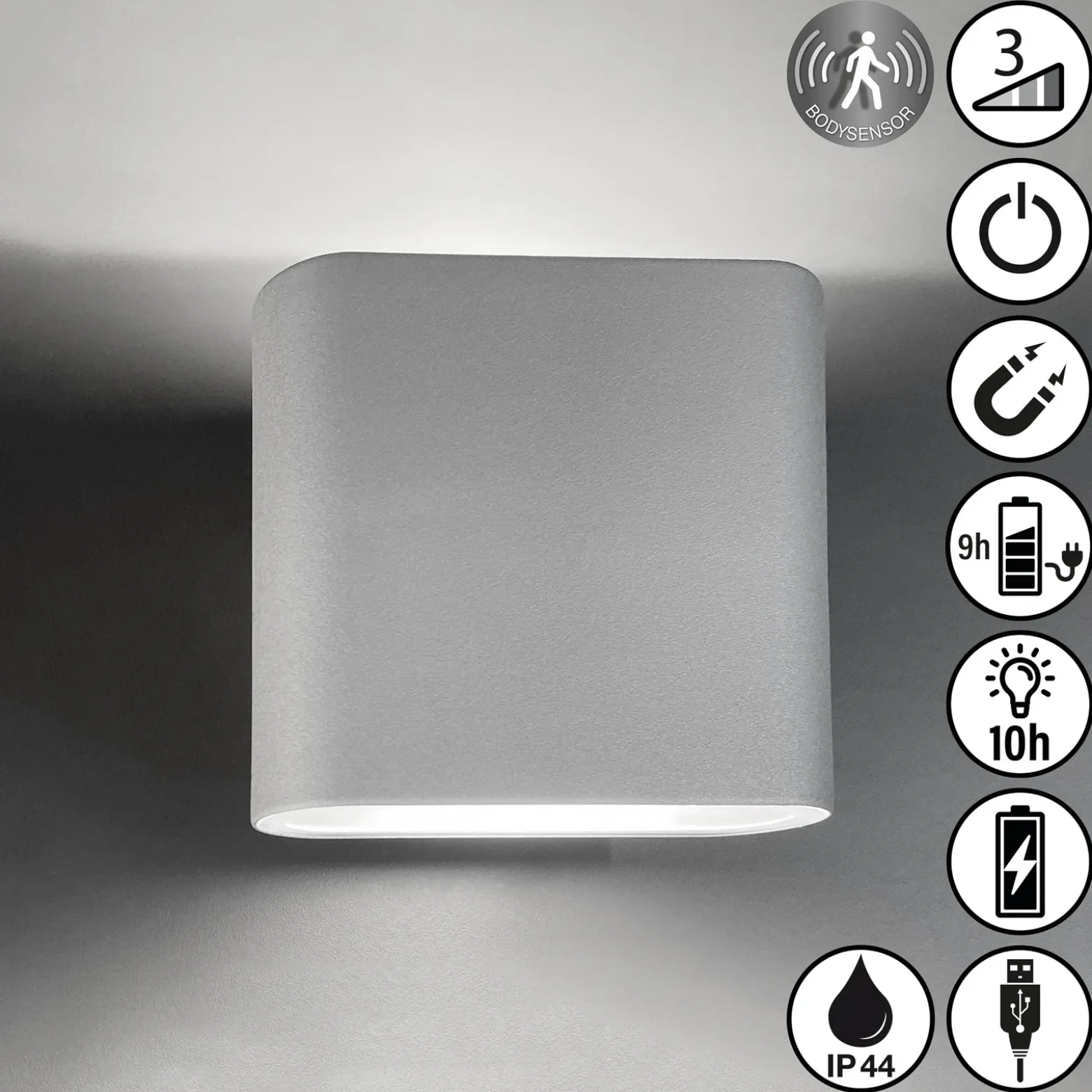 Aplique LED recargable Magnetics, plata, arriba & abajo, ancho 10 cm