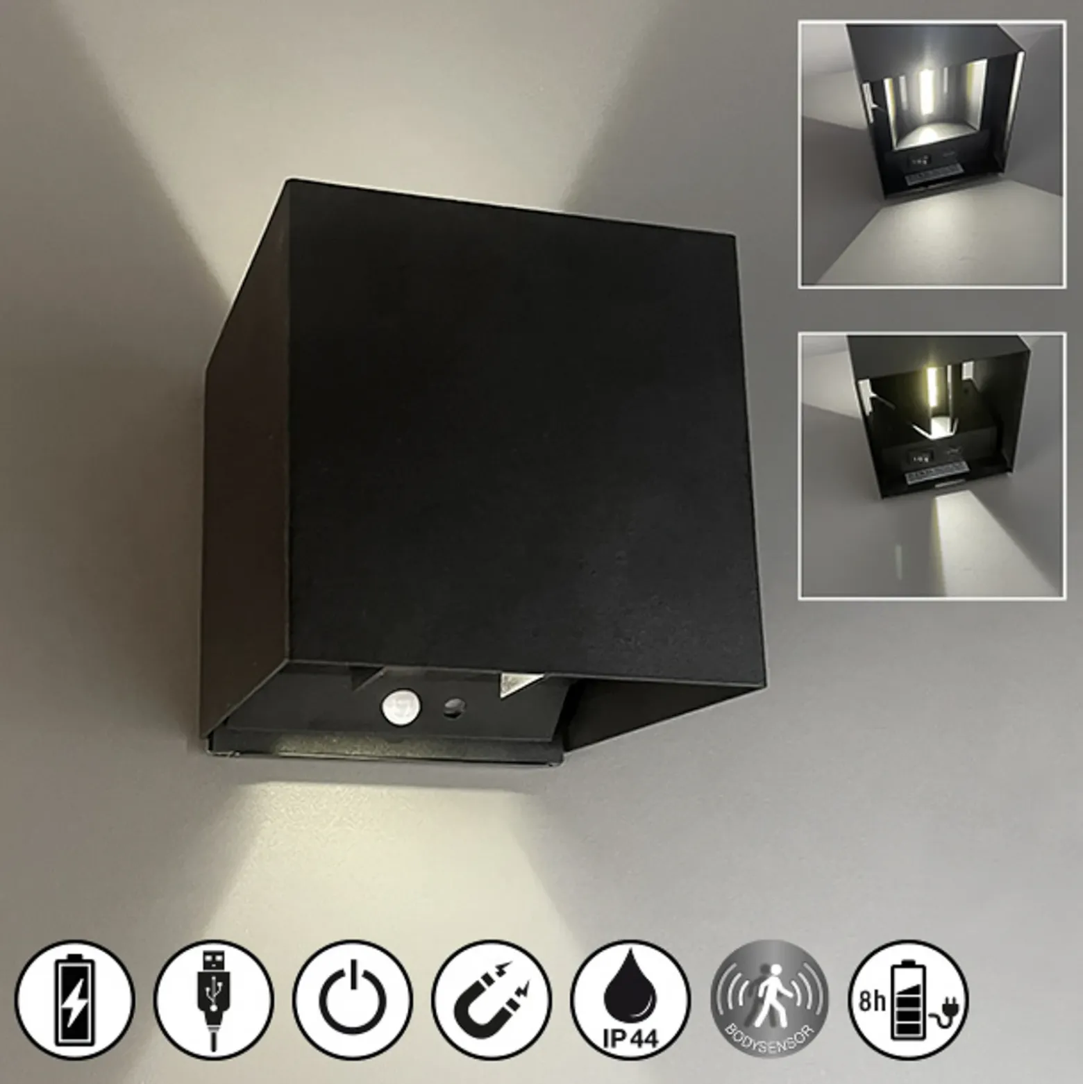 Aplique LED recargable Magnetics, negro, 120°, arriba/abajo, sensor