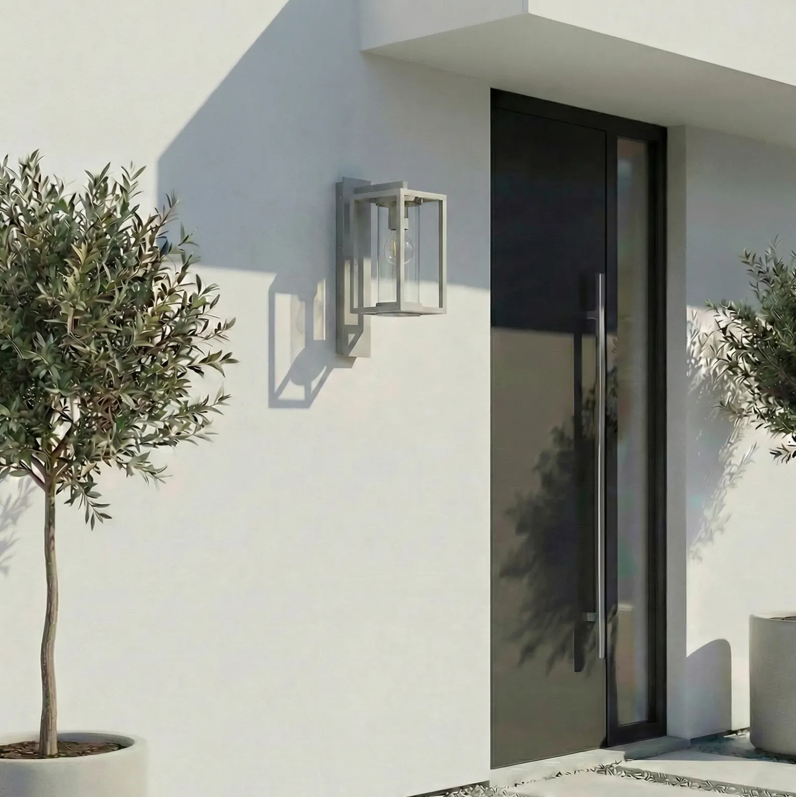 Aplique para exterior Lucande Ferda, portalámpara inferior, gris claro, IP44