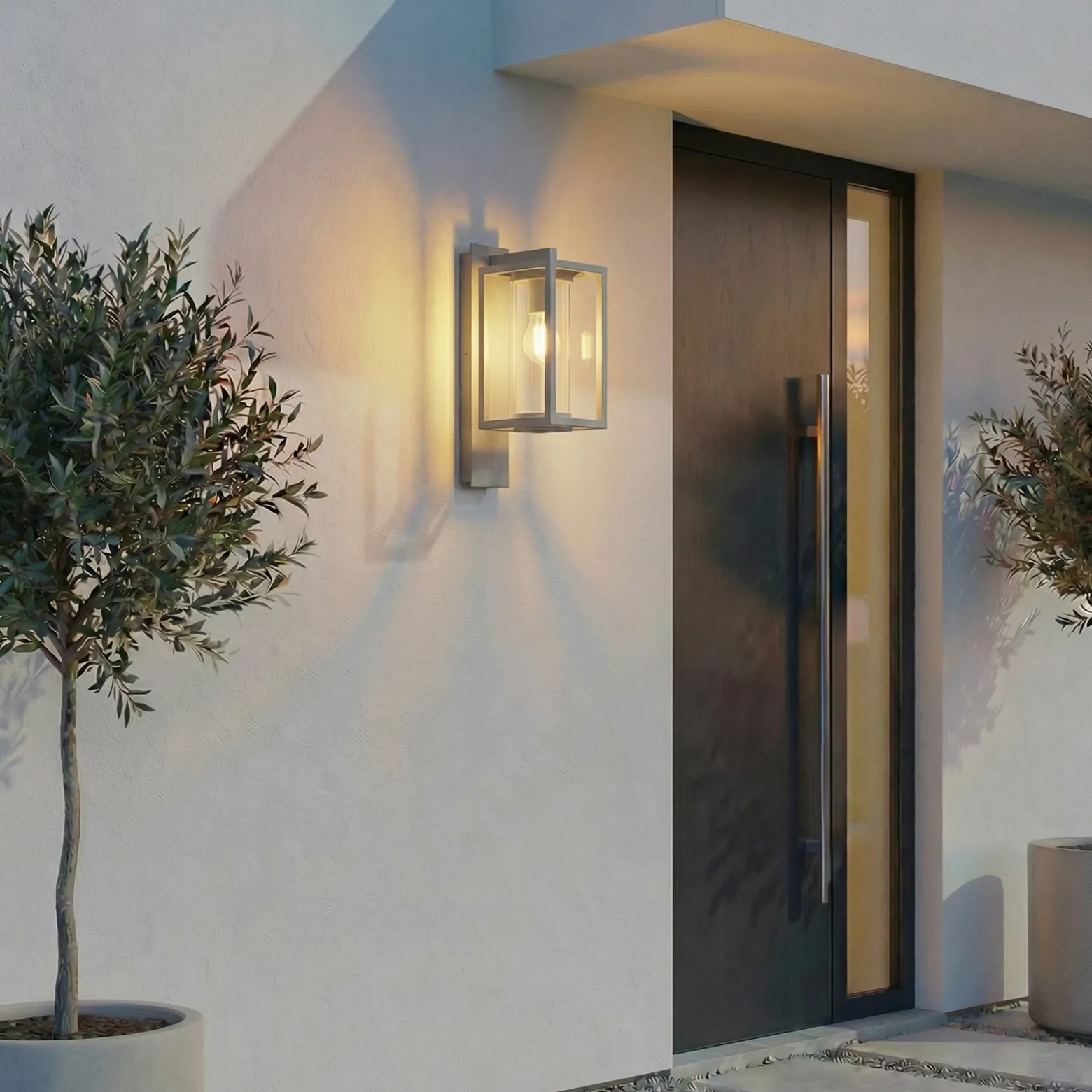 Aplique para exterior Lucande Ferda, portalámpara inferior, gris claro, IP44