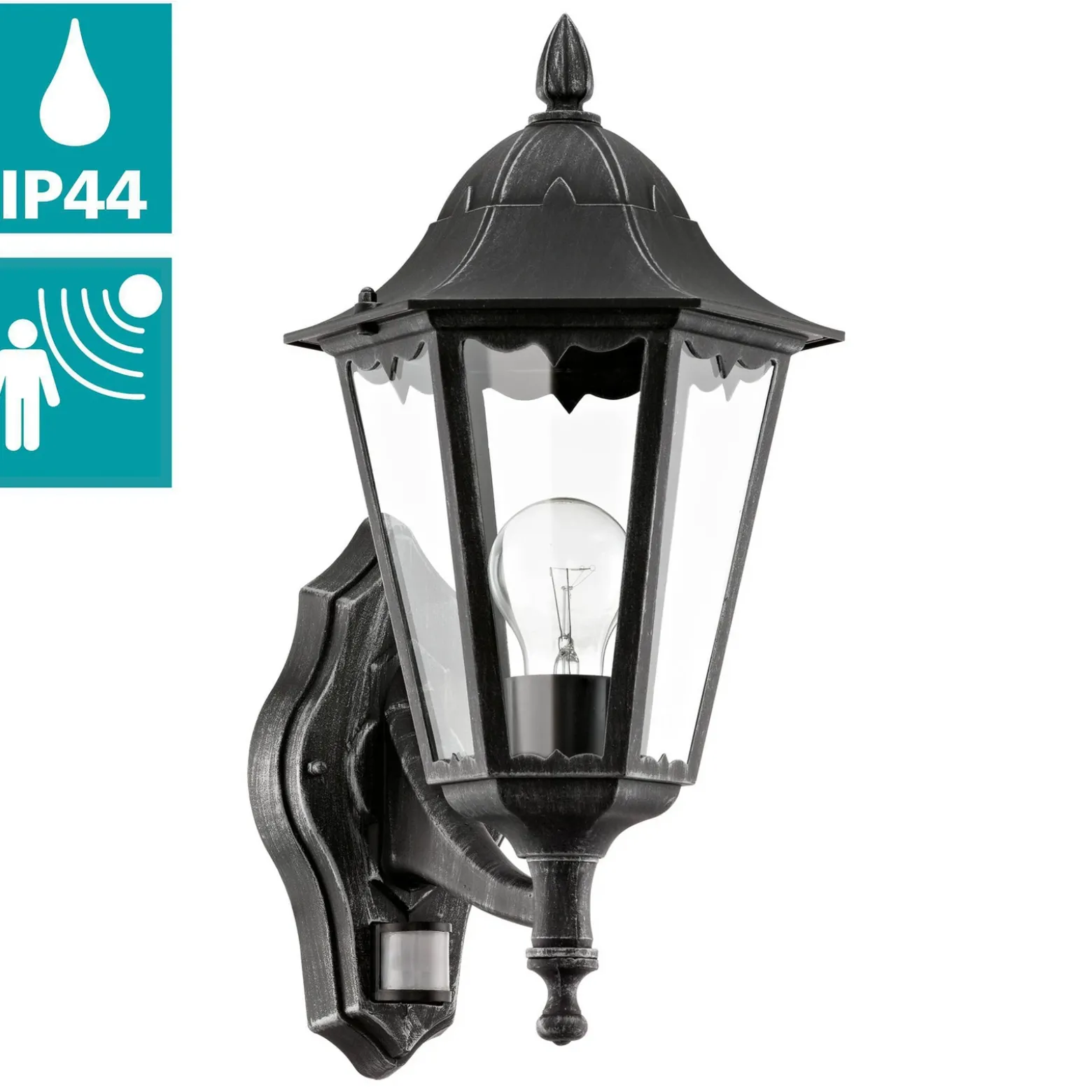 Aplique para exterior Navedo, negro/plata, altura 42 cm, con sensor