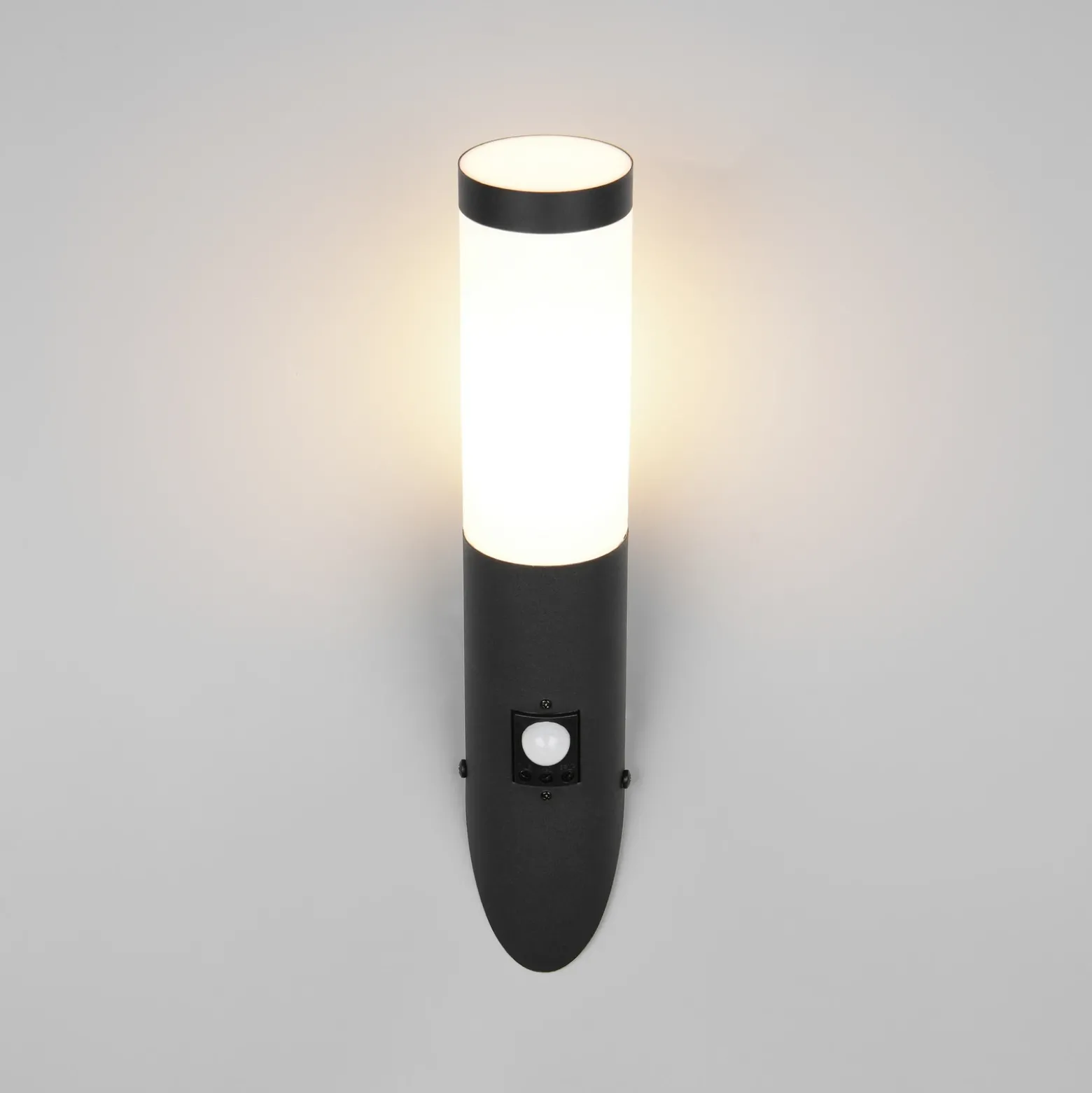 Aplique para exterior Trioto, negro mate, 39 cm de acero inoxidable, sensor