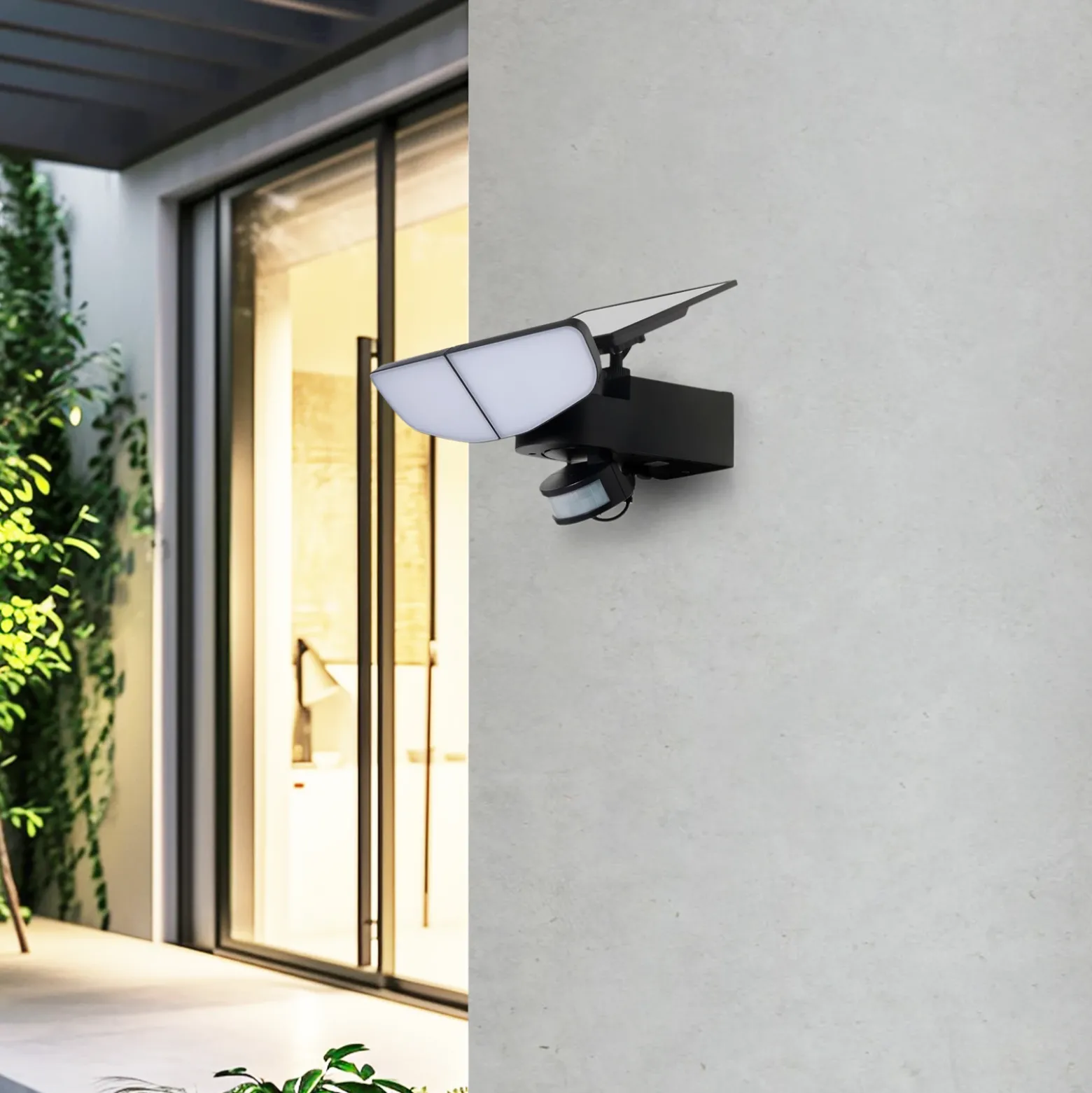 Aplique solar LED Lindby Naelin, negro, sensor, IP44