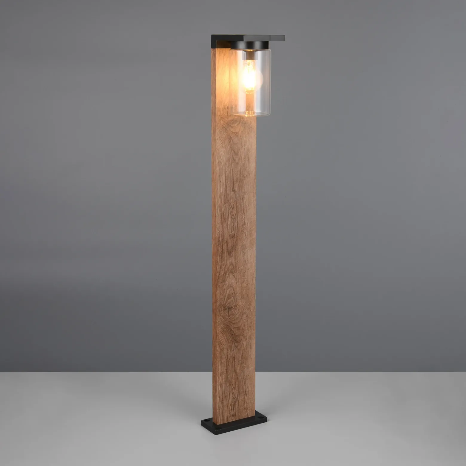 Bolardo luminoso ARDILA, aspecto de madera, altura 100 cm, metal/vidrio IP44
