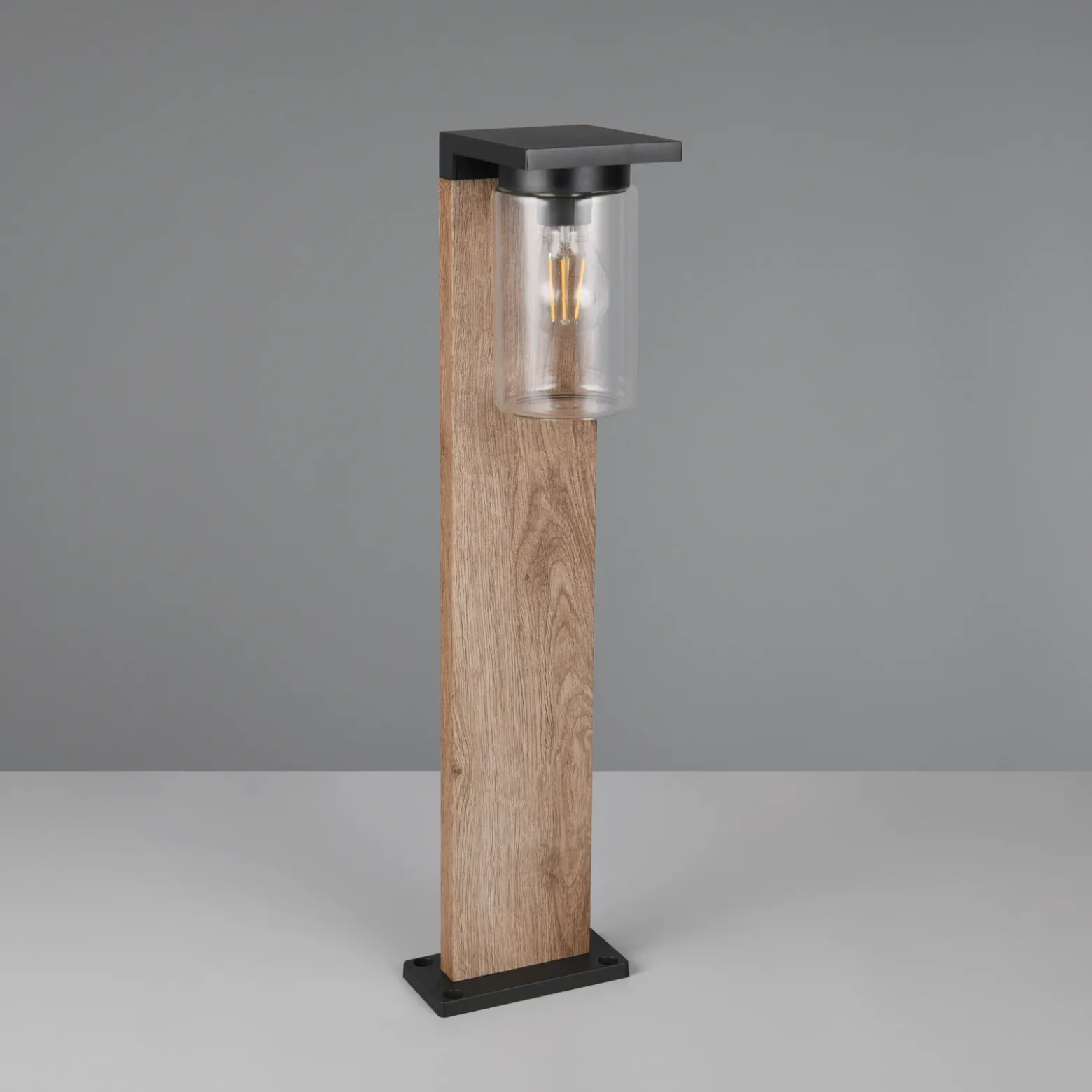 Bolardo luminoso ARDILA, aspecto de madera, altura 65 cm, metal/vidrio, IP44