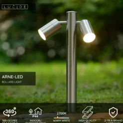 Bolardo luminoso ARNE, color cromo, con 2 luces. Altura: 50 cm. IP44. GU10-LED