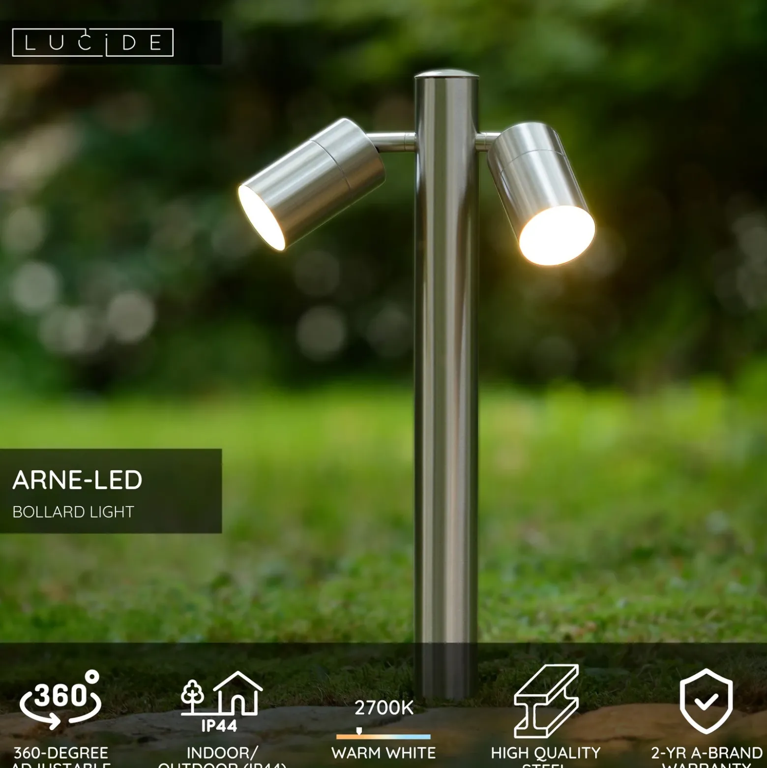 Bolardo luminoso ARNE, color cromo, con 2 luces. Altura: 50 cm. IP44. GU10-LED
