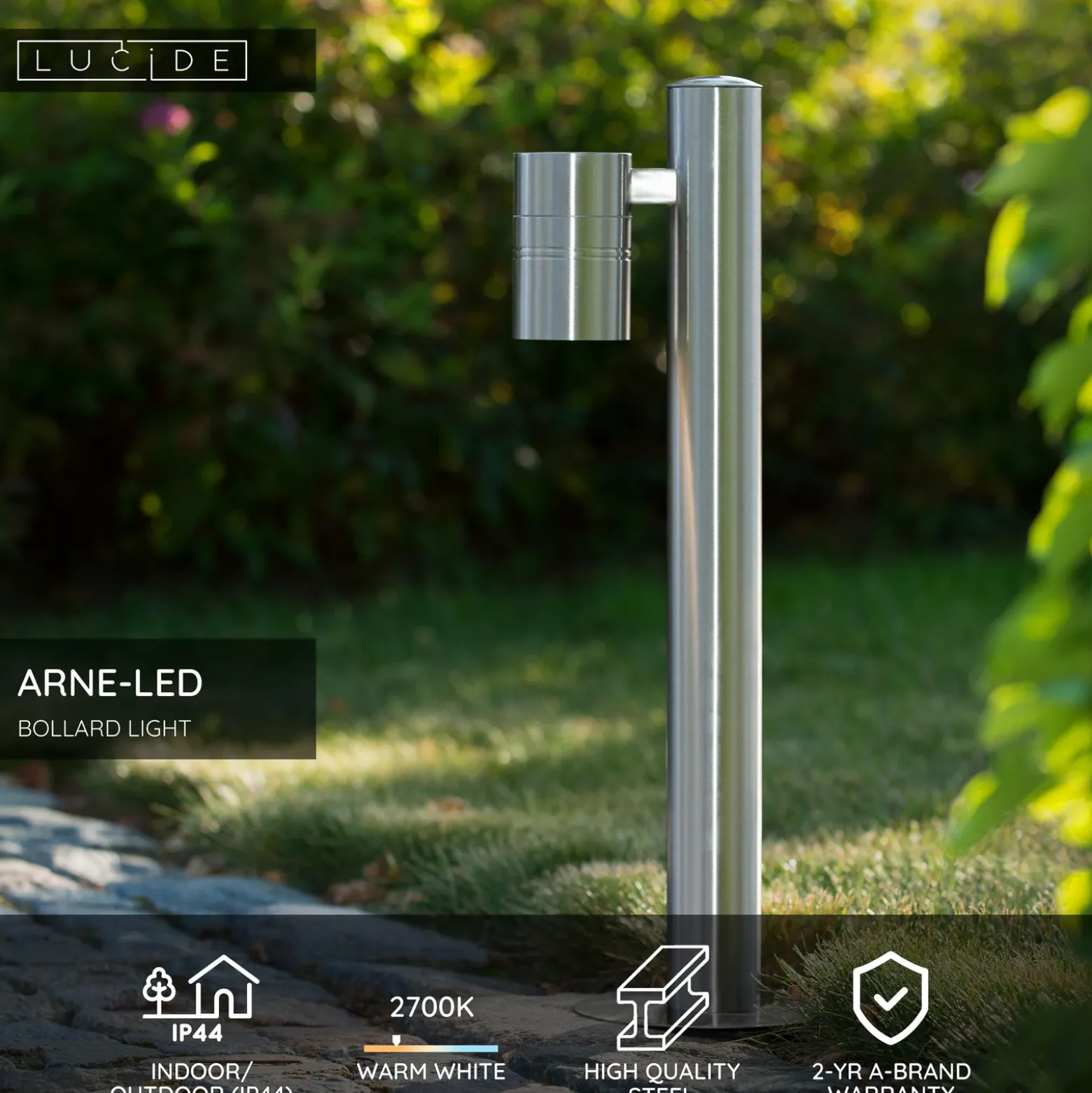 Bolardo luminoso ARNE, color cromo, 1 luz. Altura: 50 cm. IP44. GU10-LED