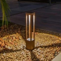 Bolardo luminoso LED Agra, marrón óxido, aluminio/vidrio, altura 65 cm