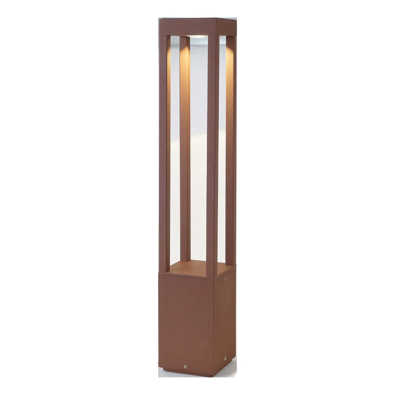 Bolardo luminoso LED Agra, marrón óxido, aluminio/vidrio, altura 65 cm