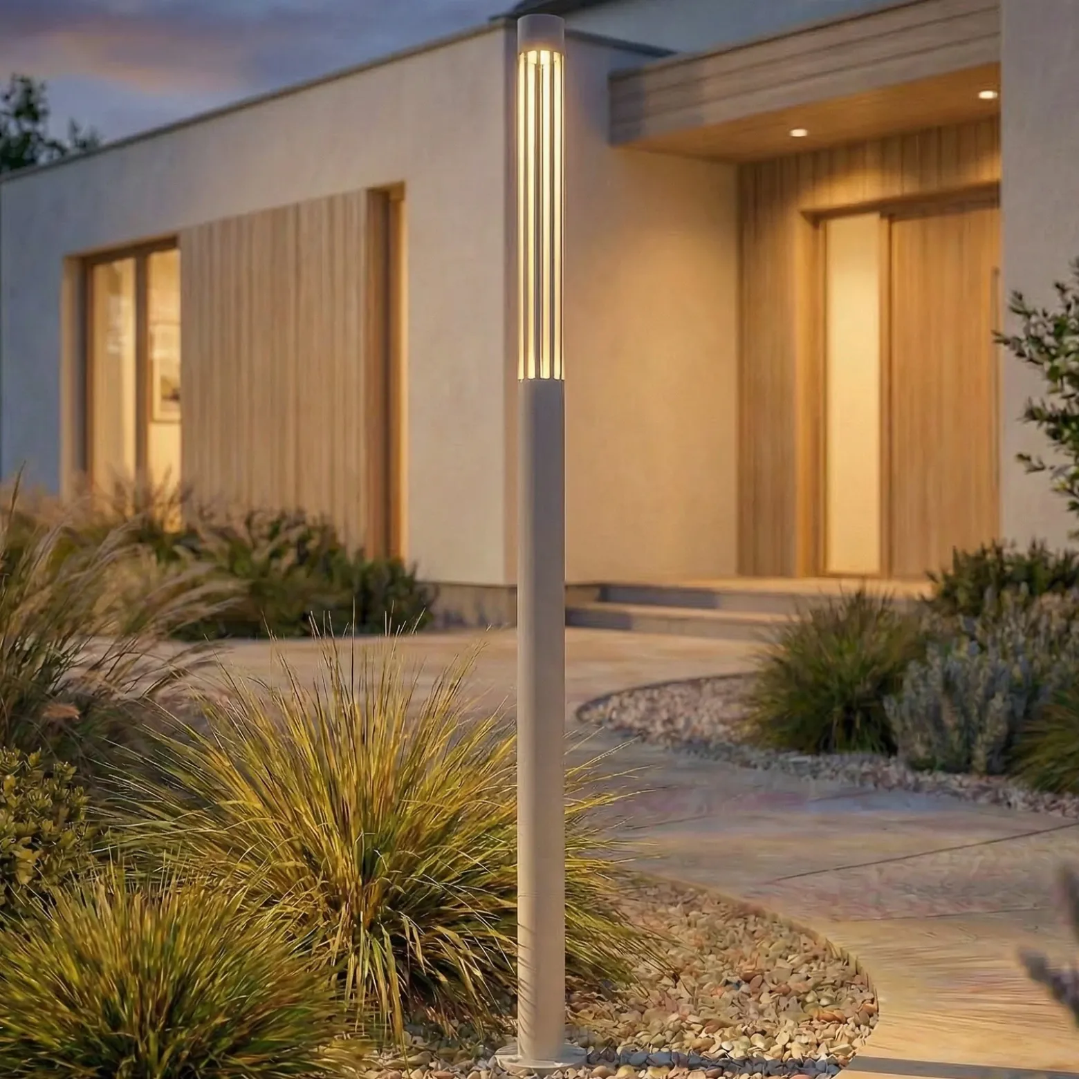 Bolardo luminoso LED Fjorya de Lindby, altura 90 cm, gris piedra, IP65