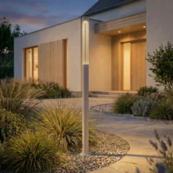 Bolardo luminoso LED Fjorya de Lindby, altura 90 cm, gris piedra, IP65
