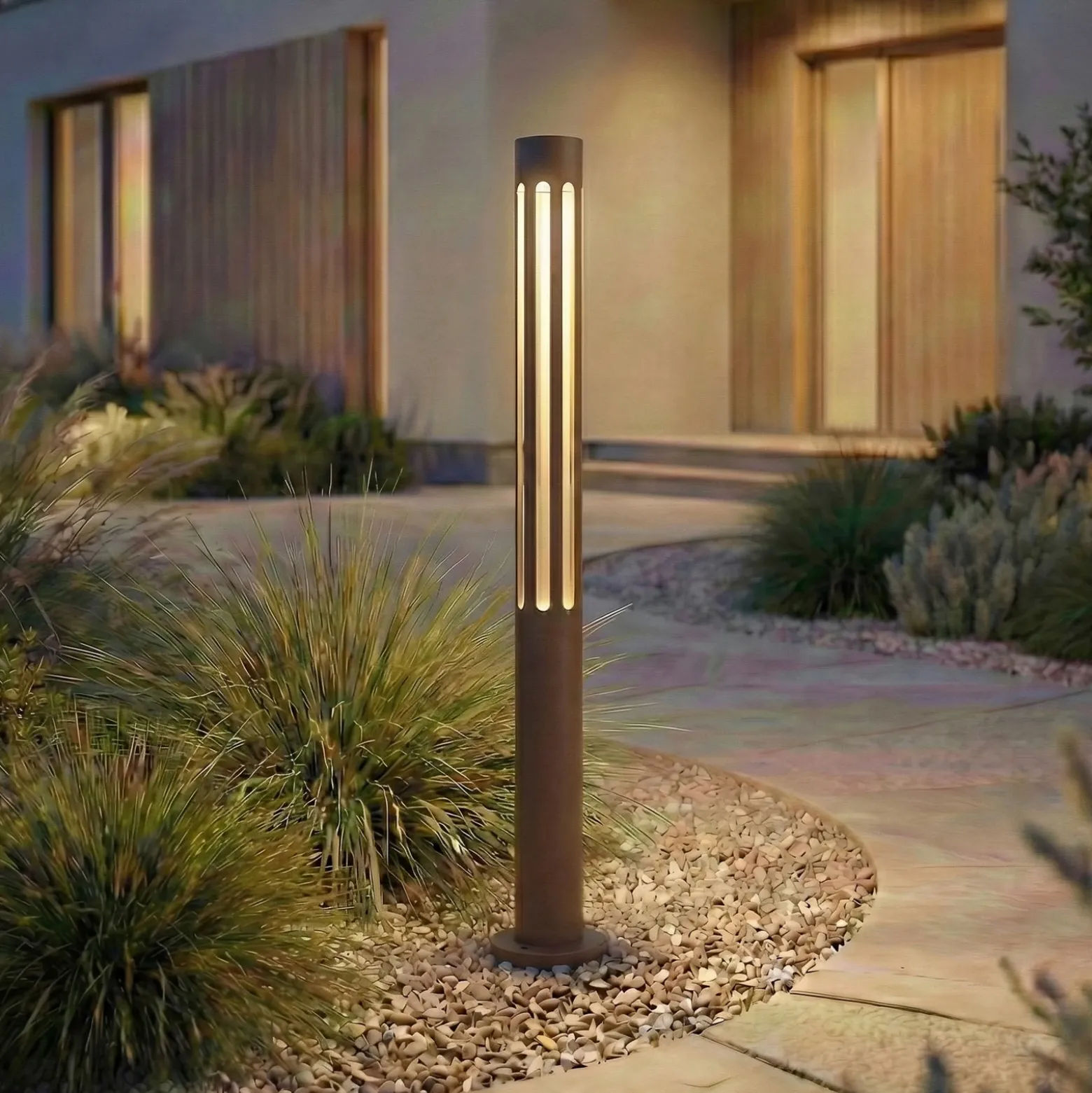 Bolardo luminoso LED Lindby Fjorya, altura 60 cm, marrón, IP65