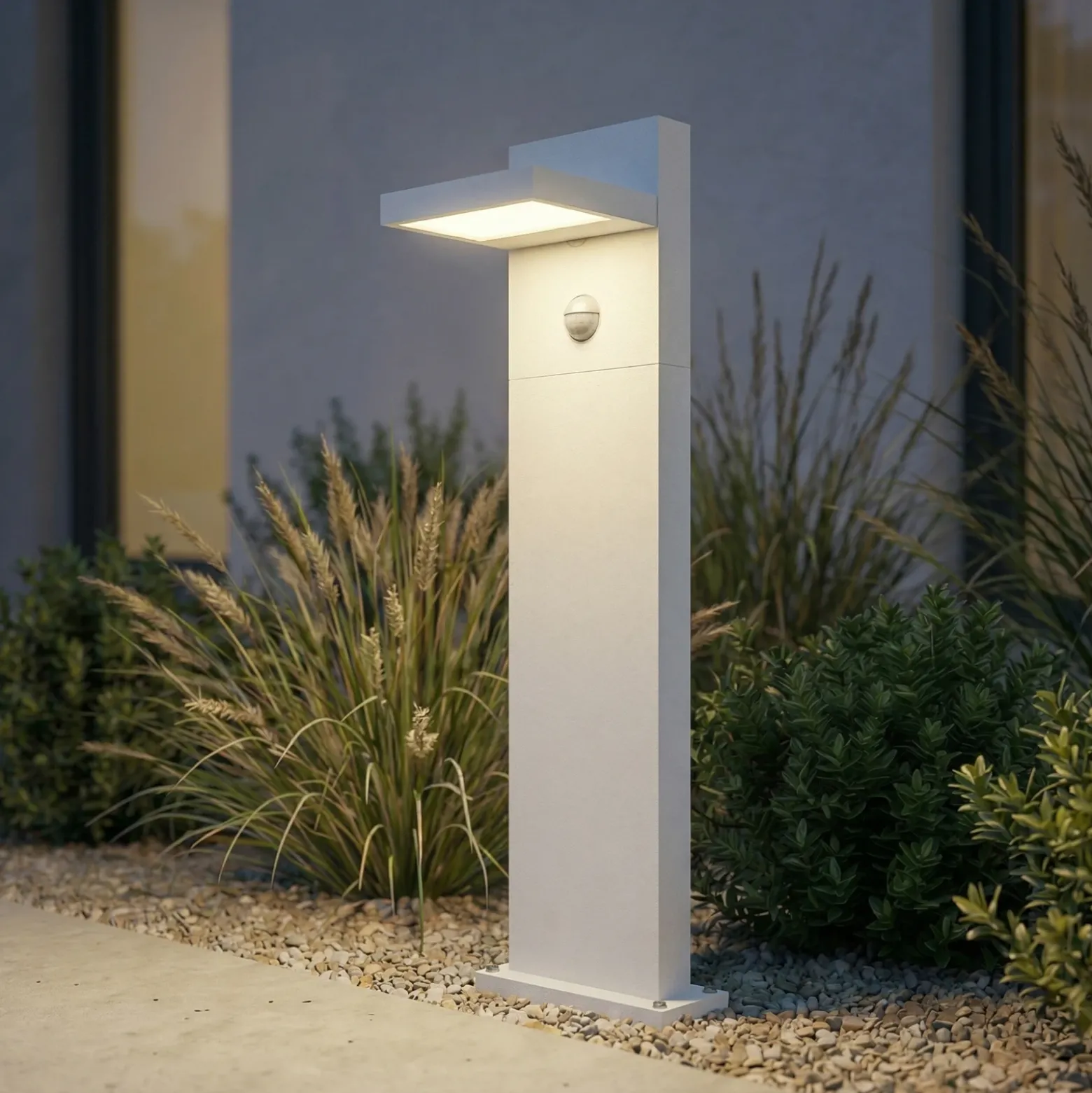 Bolardo luminoso LED Lucande Silvan, blanco, 65 cm, con sensor, IP54