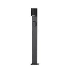 Bolardo luminoso Lindby Enerio, negro, con toma de corriente, 80 cm, GU10