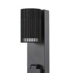 Bolardo luminoso Lindby Enerio, negro, con toma de corriente, 80 cm, GU10