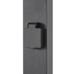 Bolardo luminoso Lindby Enerio, negro, con toma de corriente, 80 cm, GU10